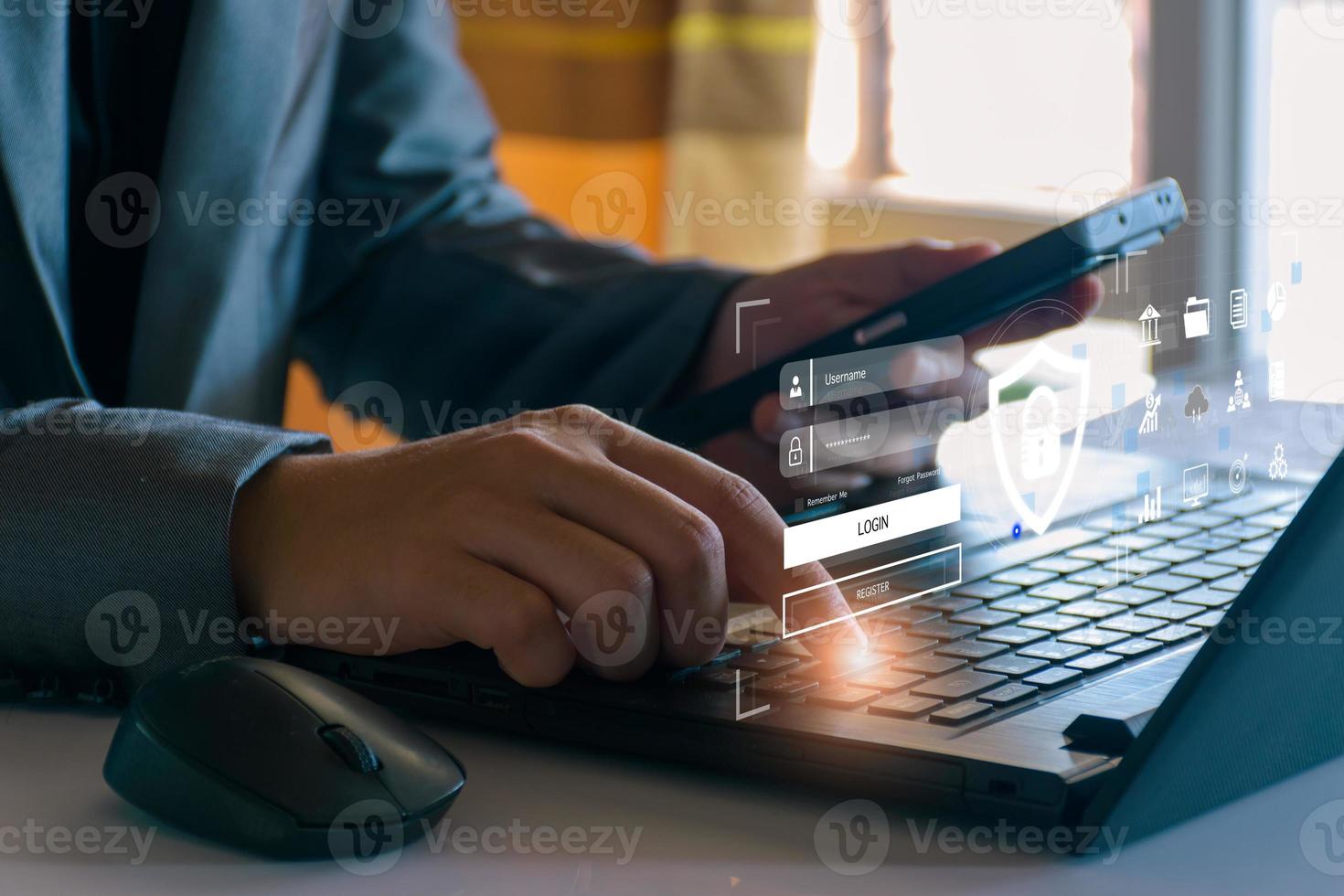 cyber security concept. Businessman login access business sensitive information, data security, secure companyinternet network, hack protection, fingerprint scanner, cyber space, business security photo