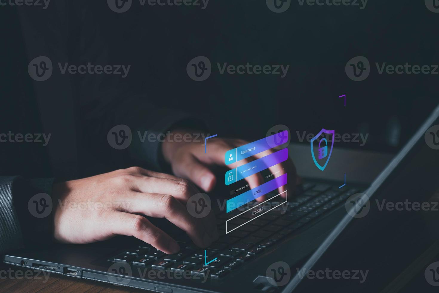 Cyber Security. businessman using computer Network Login, Internet Security, Prevent Unauthorized Access, Personal Information, Authentication, Top Secret, Use the Internet Safely. photo