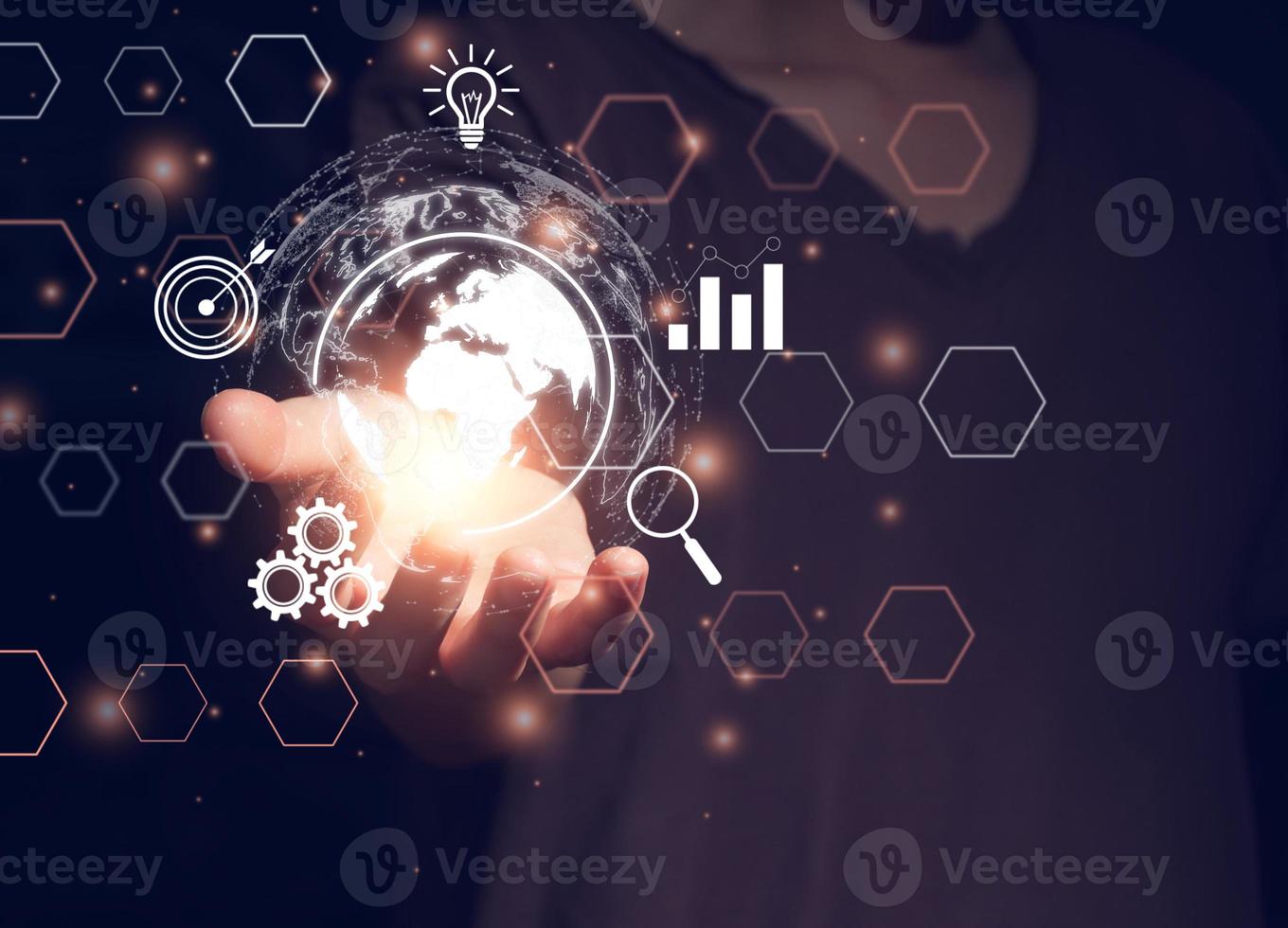 Person conducting online transactions with internet technology. Concept global data connection by metaverse technology , big data , search for information, e-commerce, online business. photo