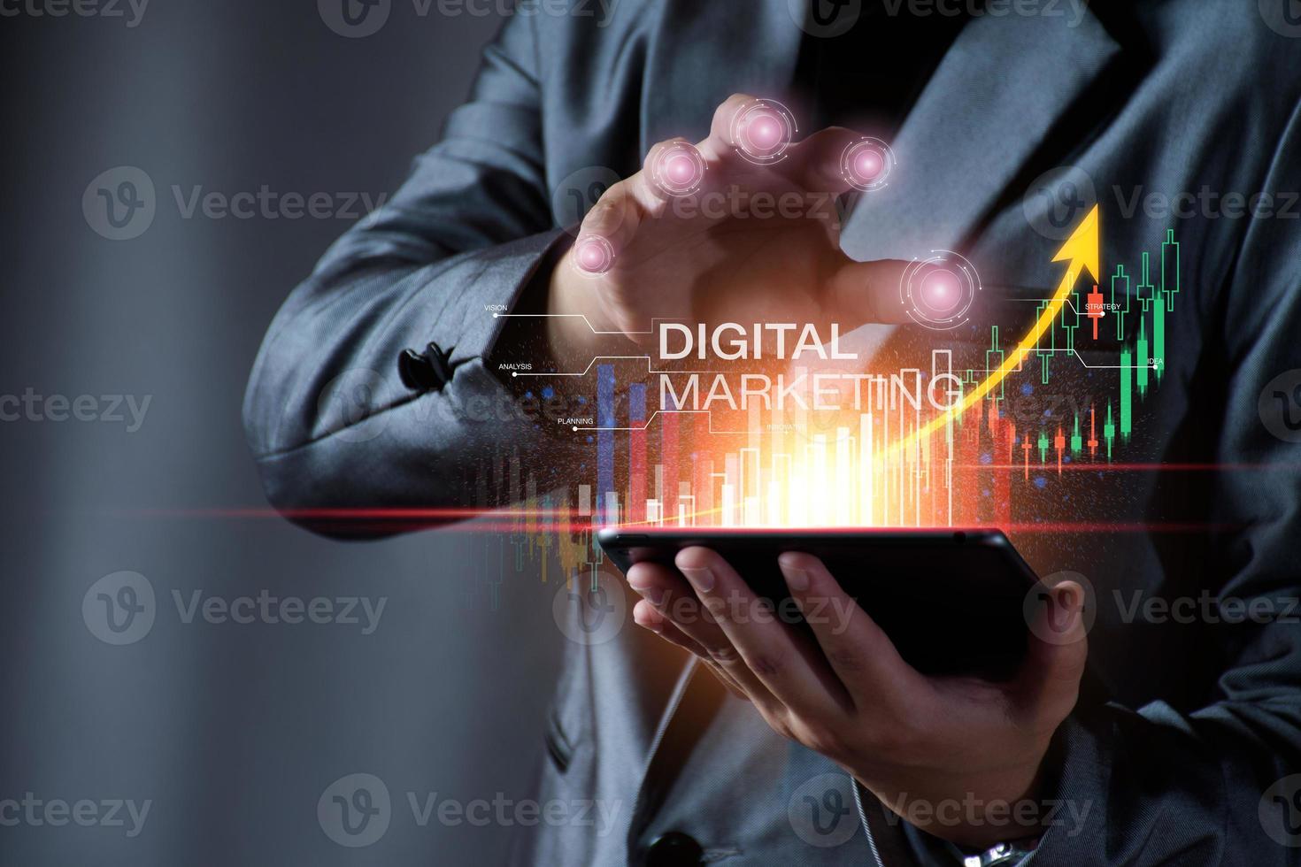 Digital marketing concept. Business man analyzing internet marketing online, business planning, online digital business, online stock market analysis, stock chart upward trend, digital stock trading. photo