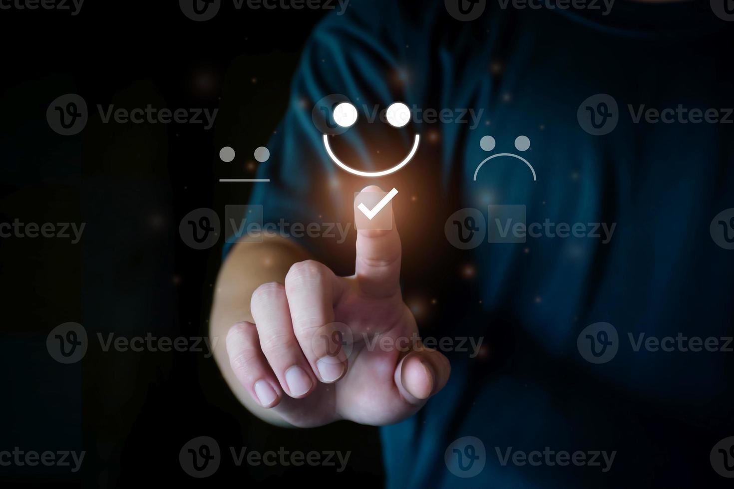 Customer satisfaction survey. Customer Satisfaction Rating, Smiley Emoji, Happy Customer, Good Service, Positive Rating, Happy Service, Five Star Service. Virtual touch screen, futuristic technology. photo