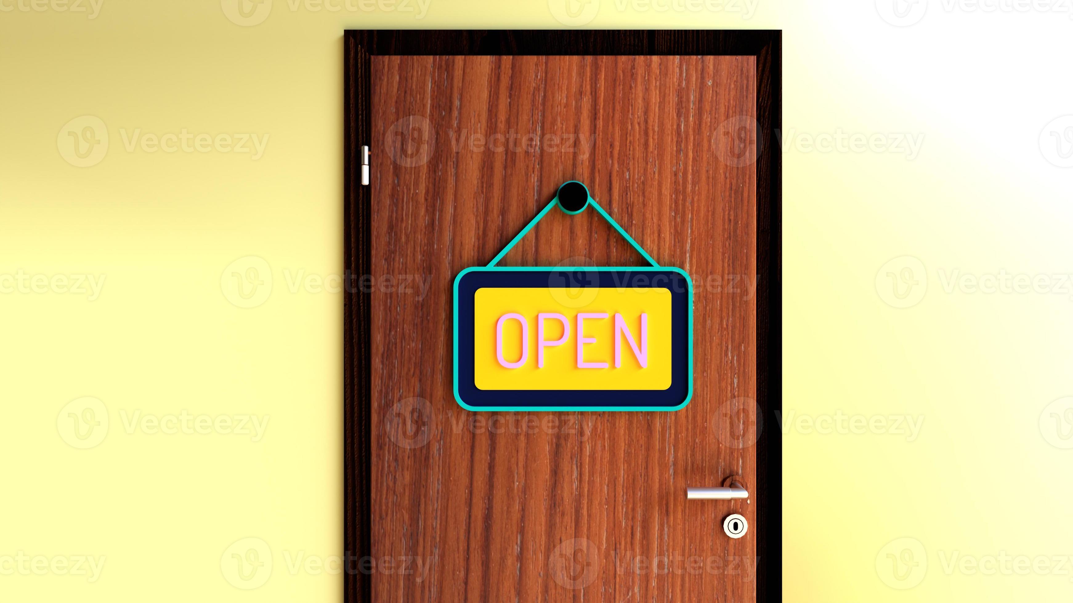 Open sign on the wooden door. Open sign hanging on the door. 3D Render