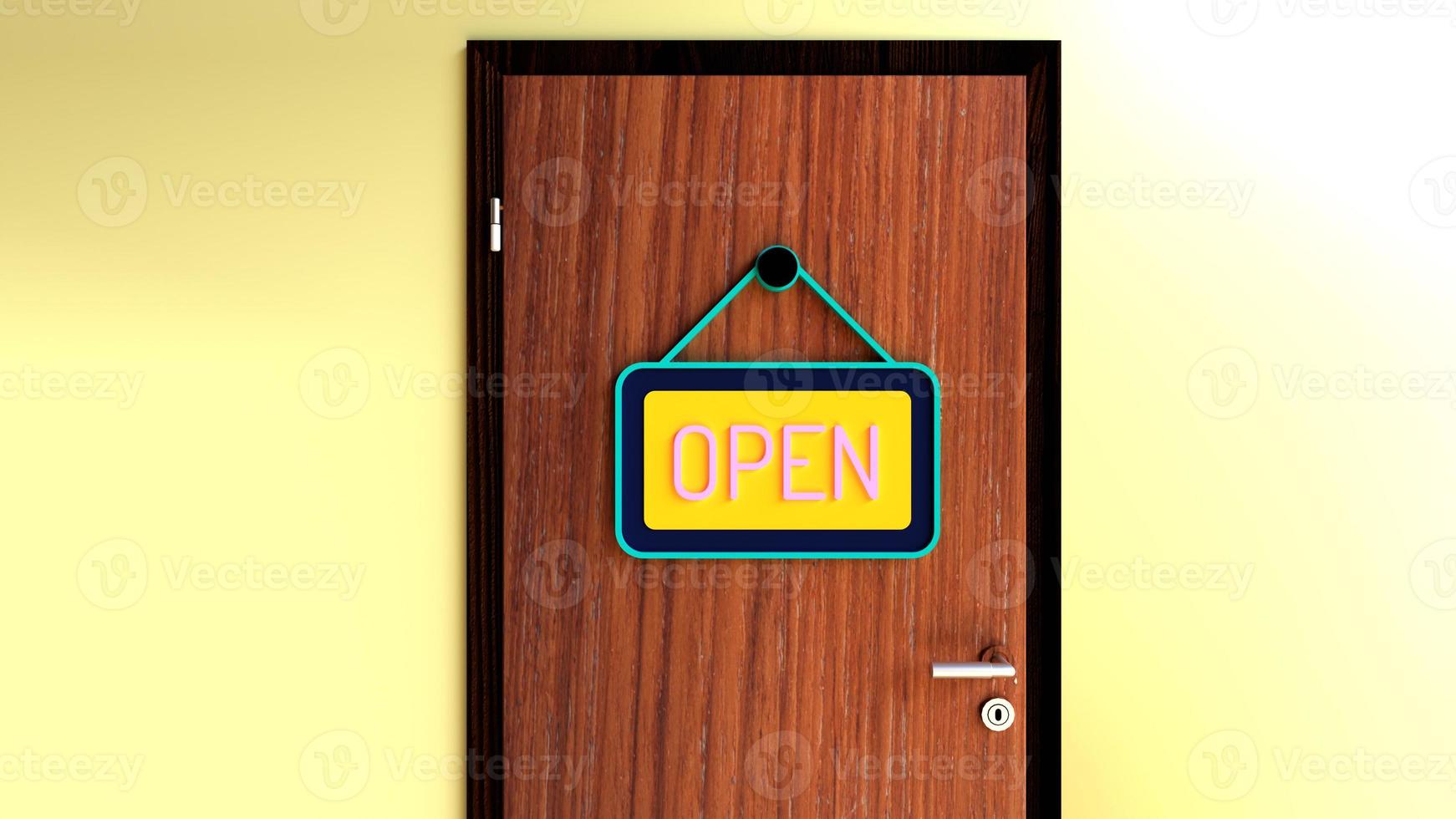 Open sign on the wooden door. Open sign hanging on the door. 3D Render. Store concept 11045802