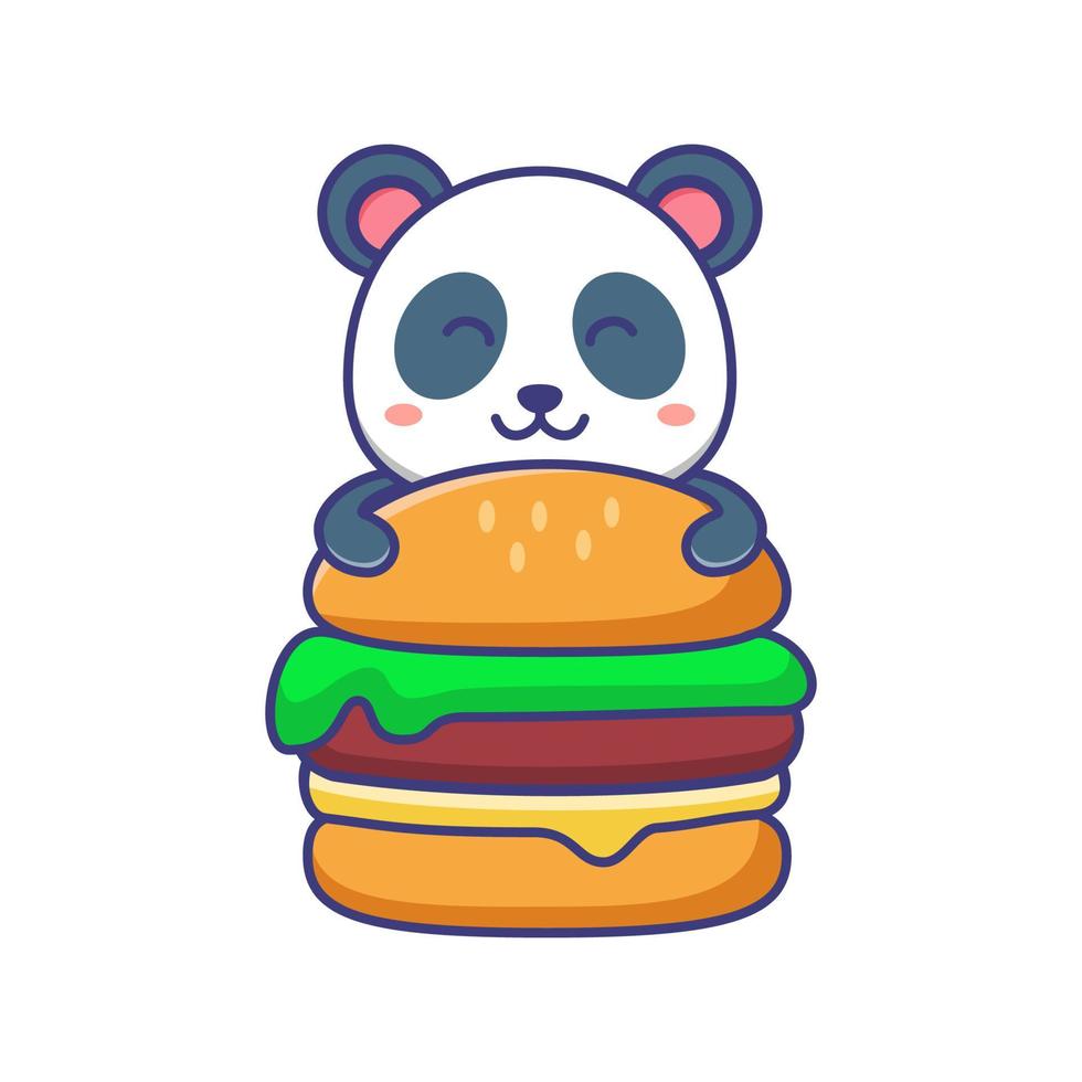 Cute baby panda with burger cartoon illustration vector