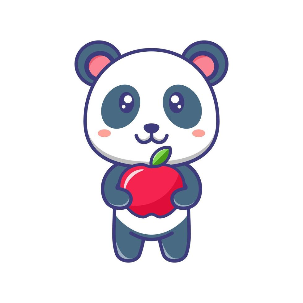 Cute baby panda with red apple cartoon illustration vector