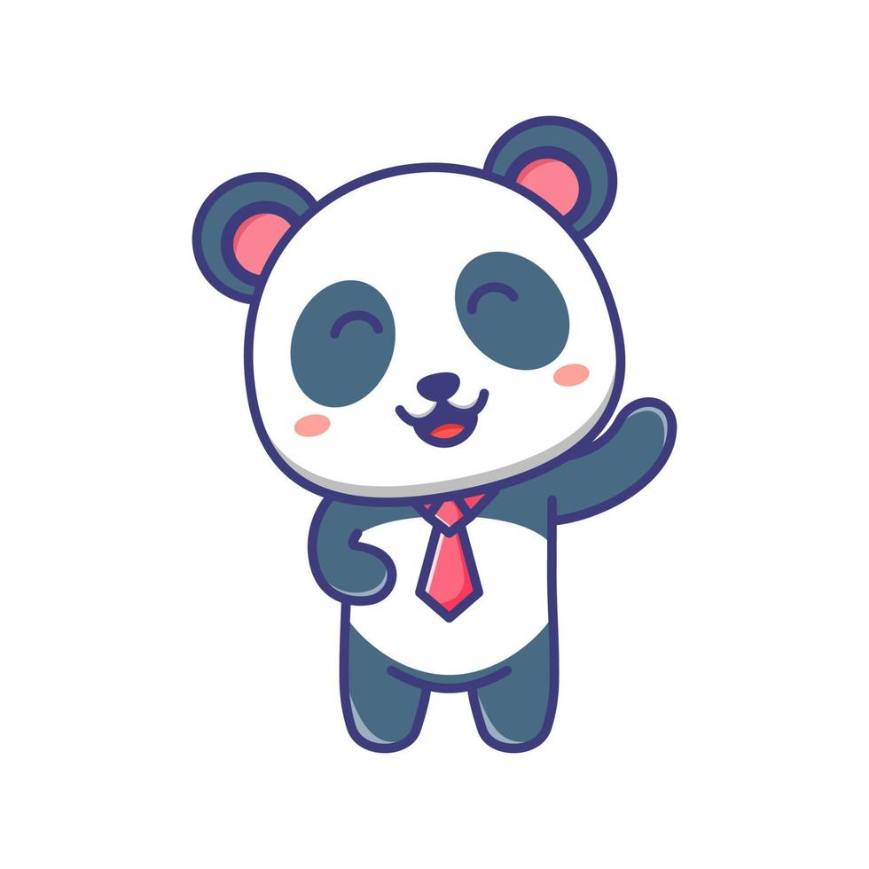 Cute baby panda wearing a tie and waving hand cartoon illustration vector