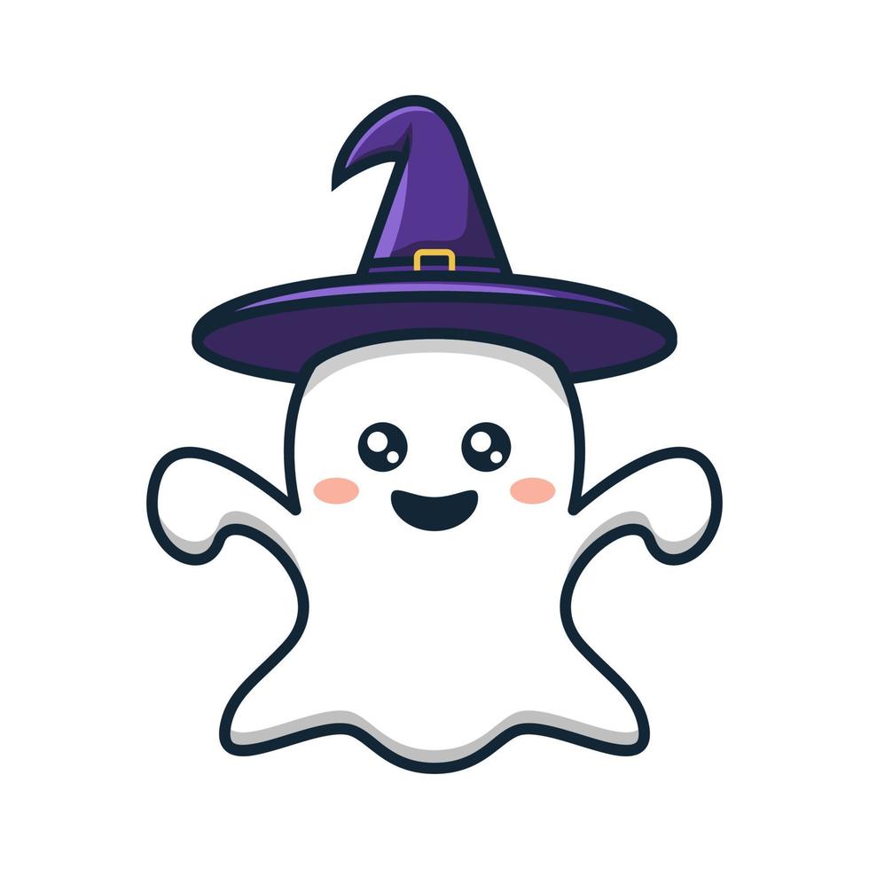 lindo fantasma blanco con dibujos animados de sombrero de bruja para halloween vector