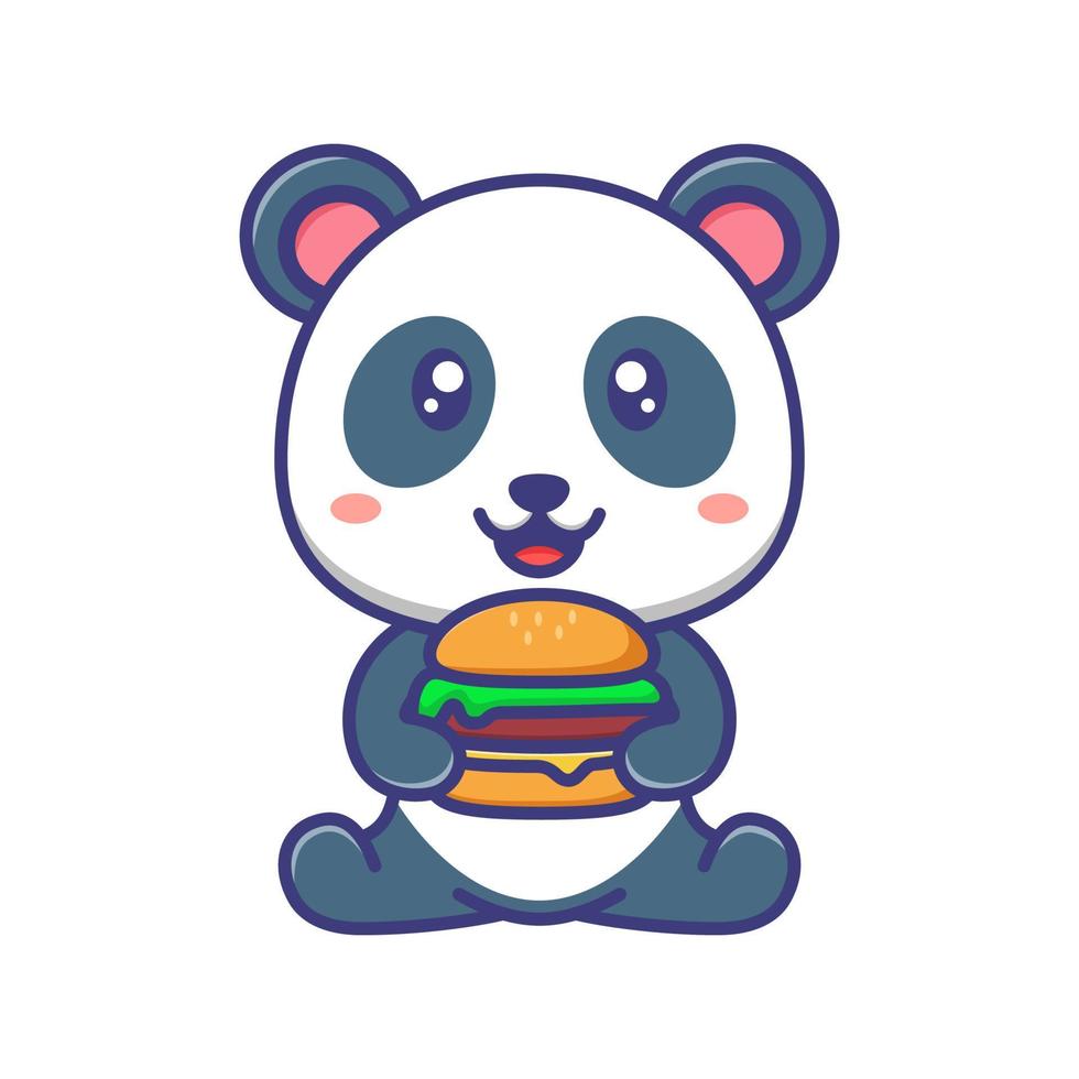 Cute baby panda with burger cartoon illustration vector