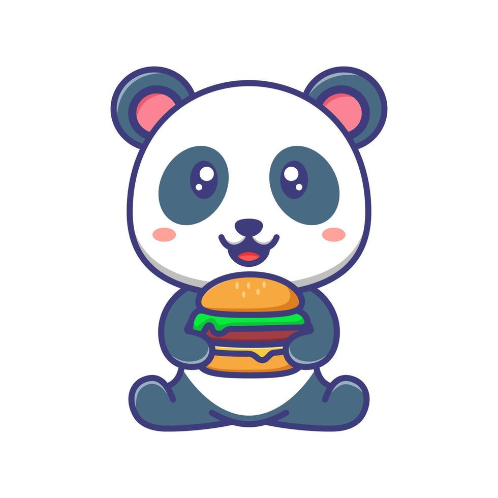 lindo bebé panda con ilustración de dibujos animados de hamburguesa vector