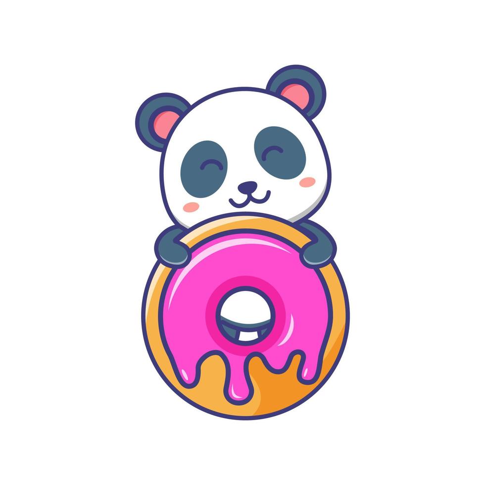 Cute baby panda with doughnut or donut cartoon illustration vector