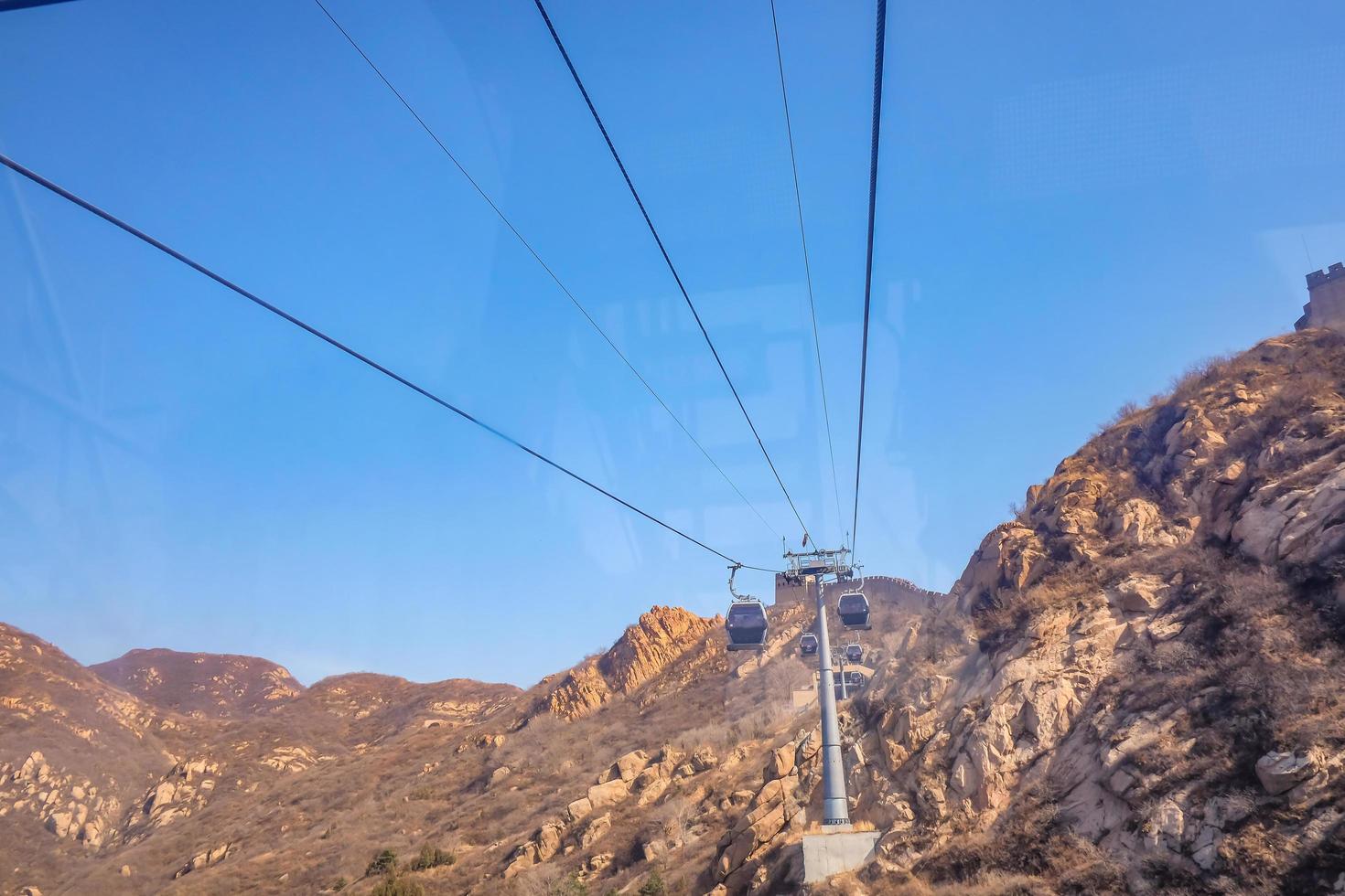 Cable Car Cross the mountain to Great Wall of China in Beijing City. photo