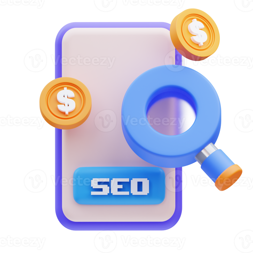 3d rendering of magnifying glass and seo icon illustration on mobile png