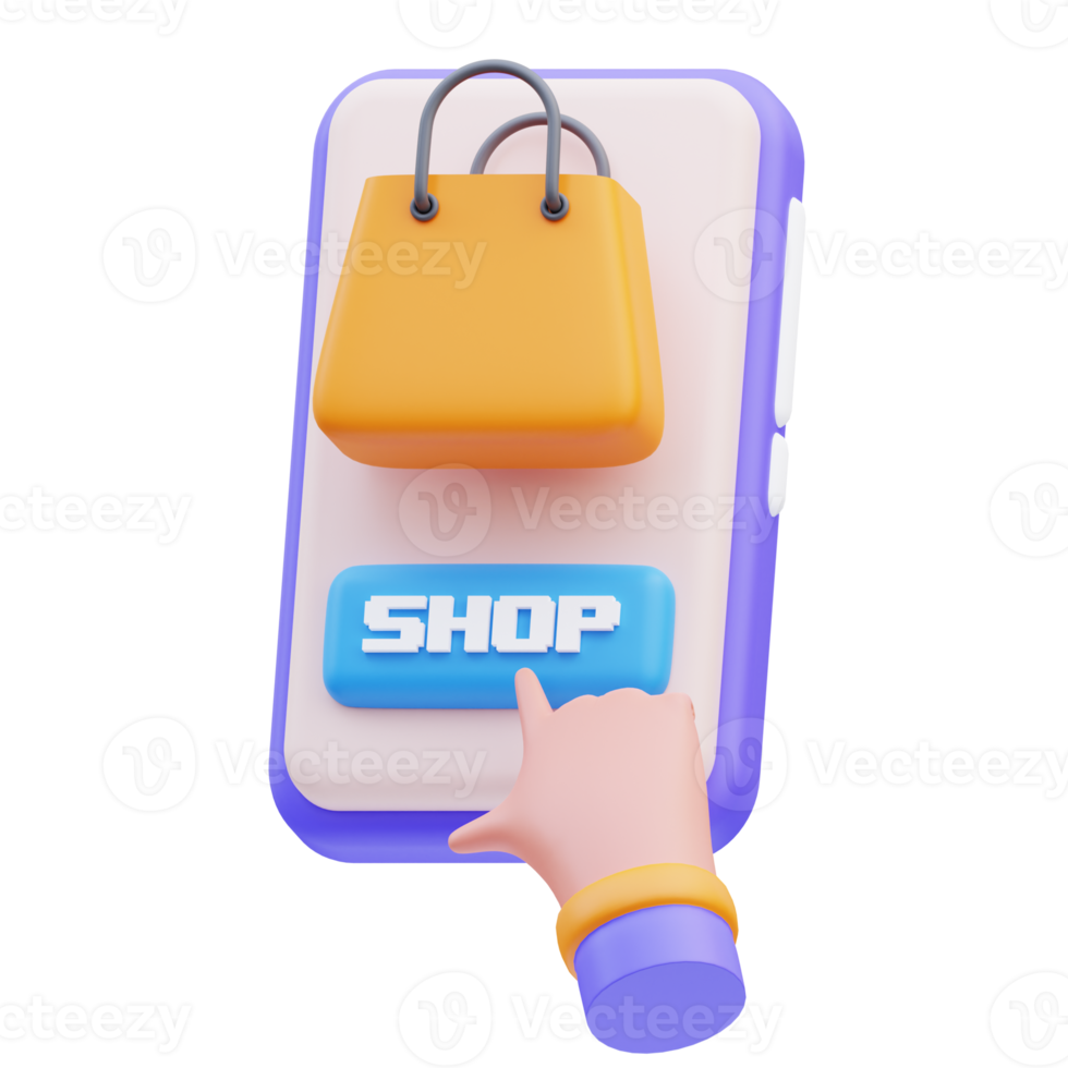 rendu 3d de l'illustration de l'icône du téléphone portable et du shopping avec le geste de la main png