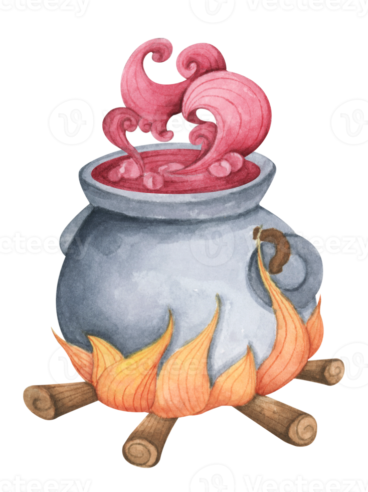 Steel black cauldron with boiling magic potion. Watercolor illustration for Halloween. png