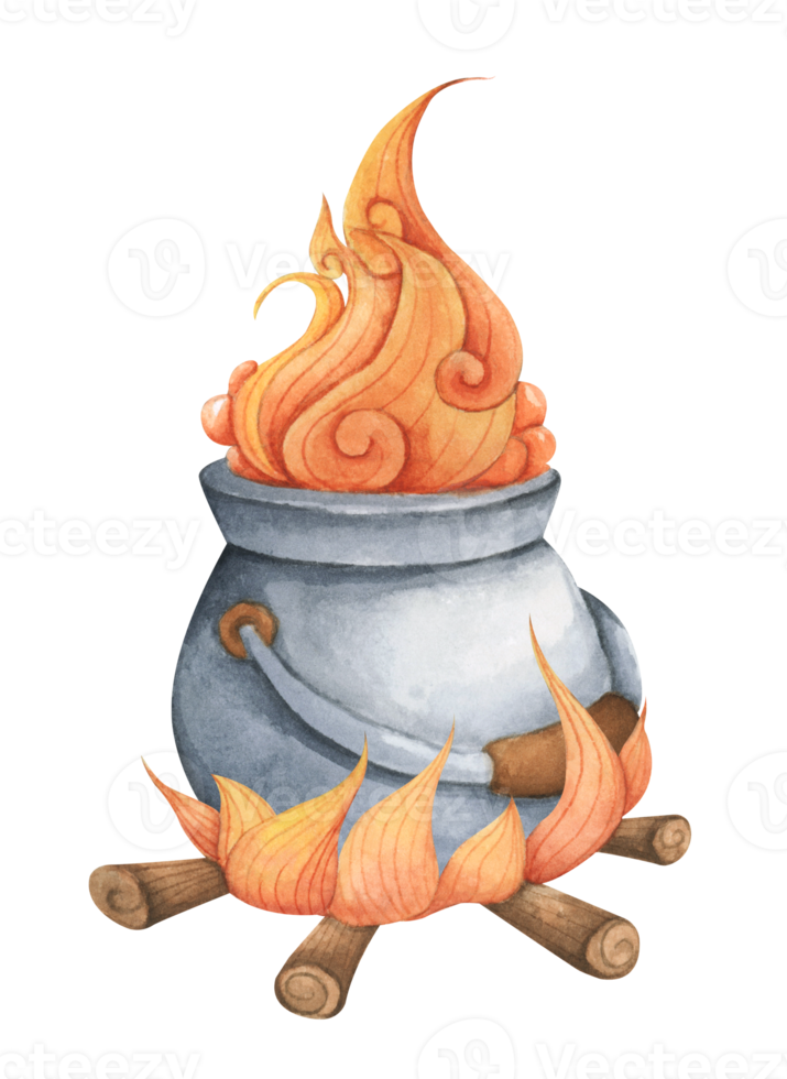 Witch Cauldron, Steel black cauldron with boiling magic potion. Watercolor illustration for Halloween. Use it for postcards, invitations, and scrapbooking. png
