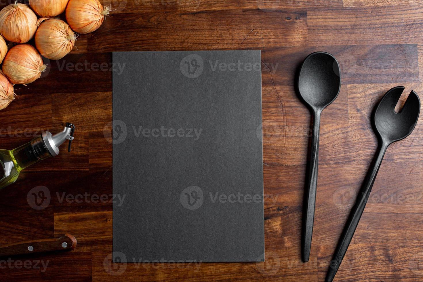 Hipster cafe menu empty mock up for concept design. Business concept. Template design. Information concept with kitchen objects on wooden table photo