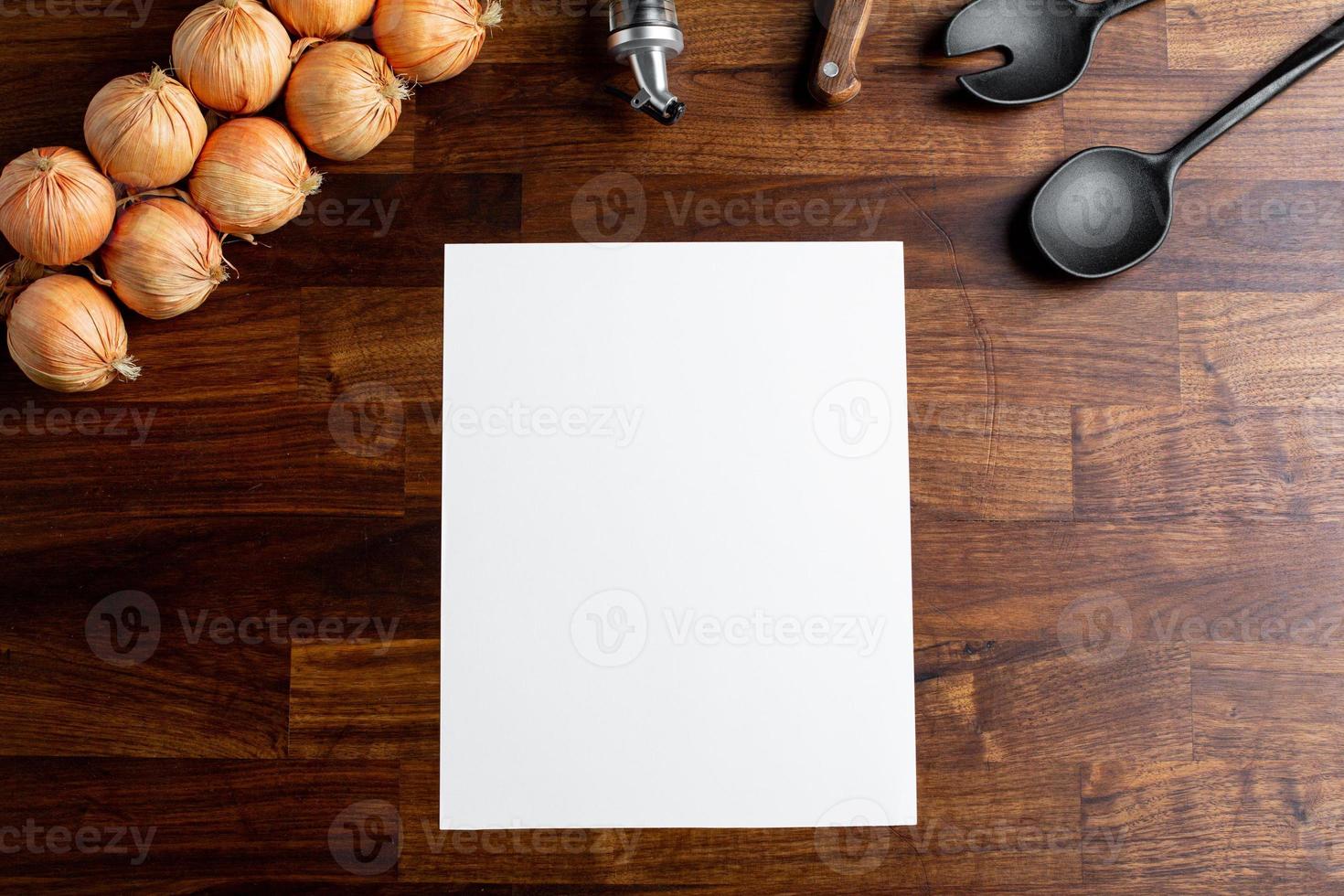Hipster cafe menu empty mock up for concept design. Business concept. Template design. Information concept with kitchen objects on wooden table photo