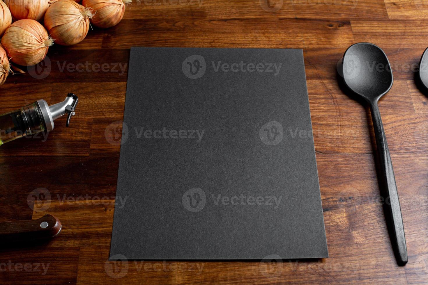 Hipster cafe menu empty mock up for concept design. Business concept. Template design. Information concept with kitchen objects on wooden table photo