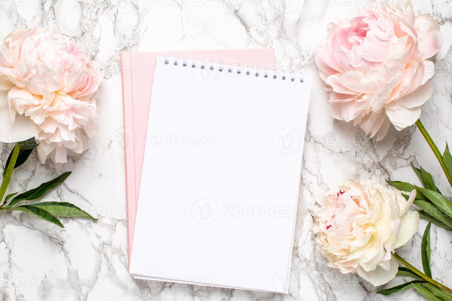 Beautiful white peony flower and notebook on marble background photo