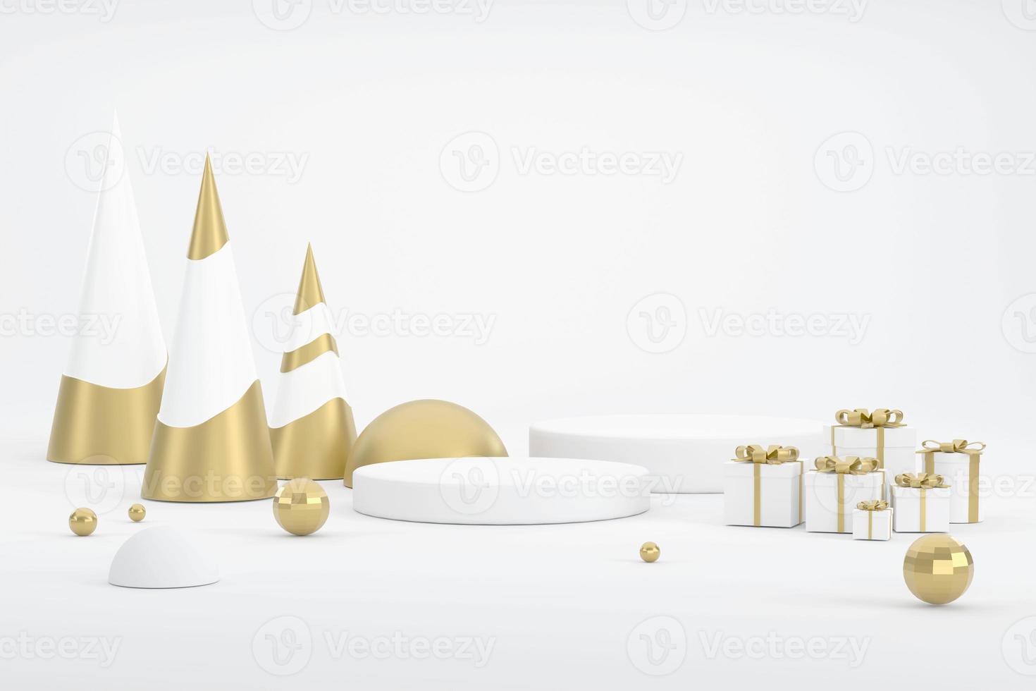 Golden Christmas tree and podium for displaying products at the Christmas. photo