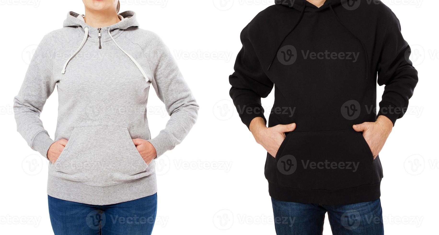 maqueta de sudadera con capucha gris, maqueta de sudadera con capucha negra, sudadera con capucha de hombre mujer vacía sobre fondo blanco. foto