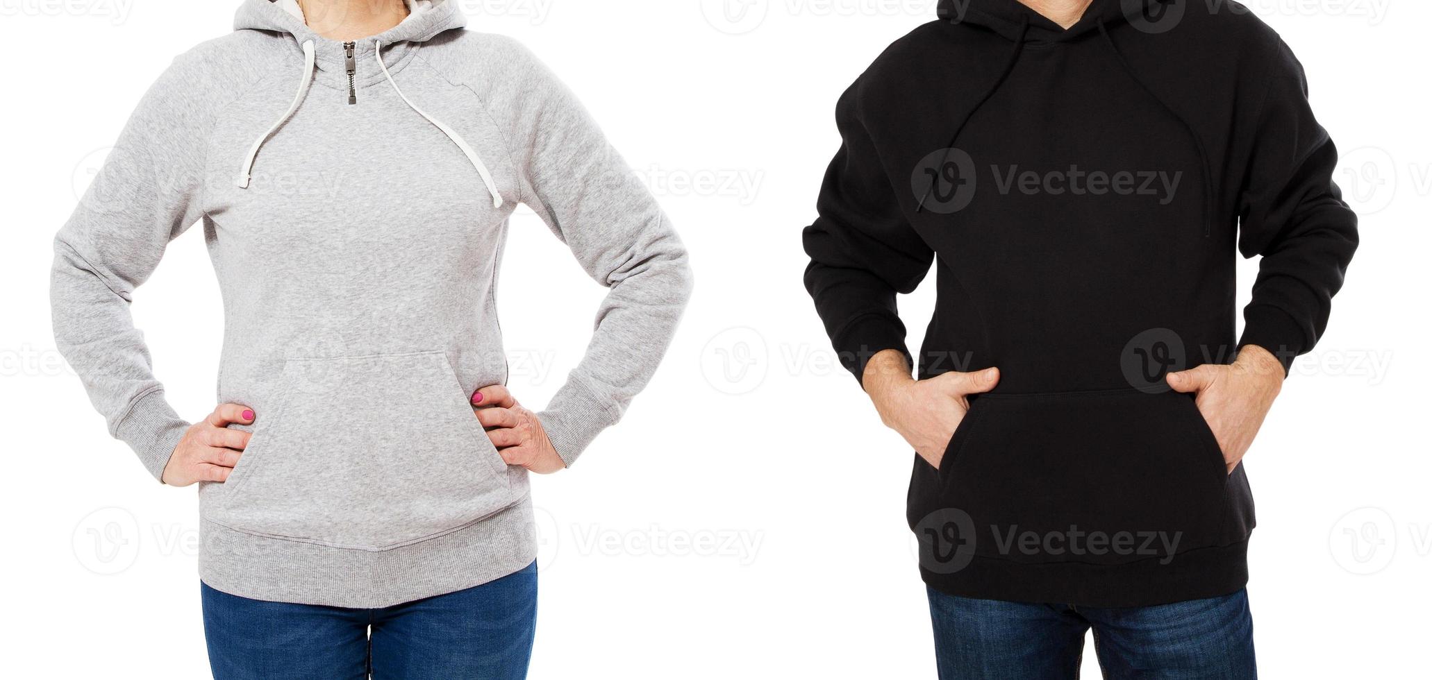 Woman and man in hoodie mock up isolated on white background copy space template. Empty sweatshirt blank template photo