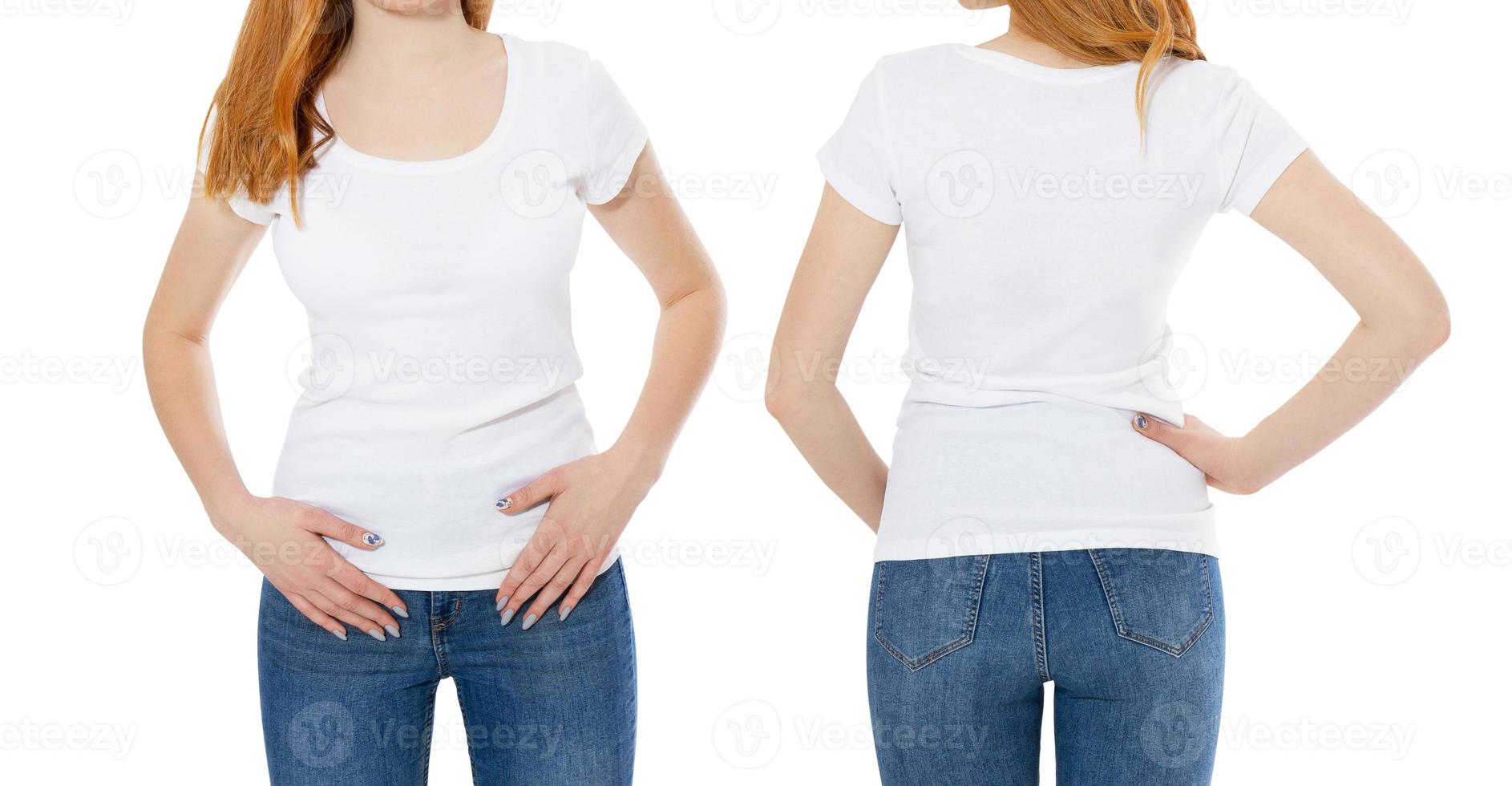 vistas frontales y traseras de mujeres escandinavas jóvenes de pelo rojo con una camiseta elegante de fondo blanco. maqueta para camiseta de diseño foto