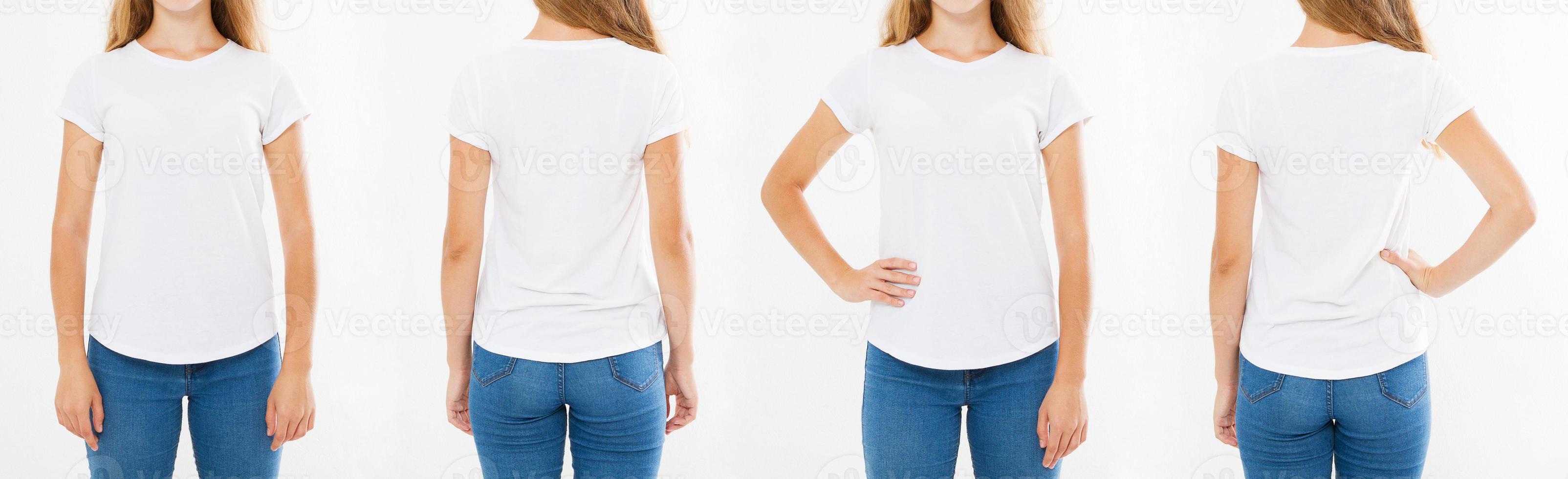 women t-shirt isolated on white background, back and front views girls in white tshirt photo