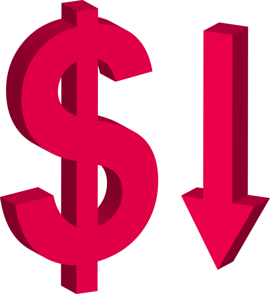 symbole 3d de la devise du dollar en baisse rouge png