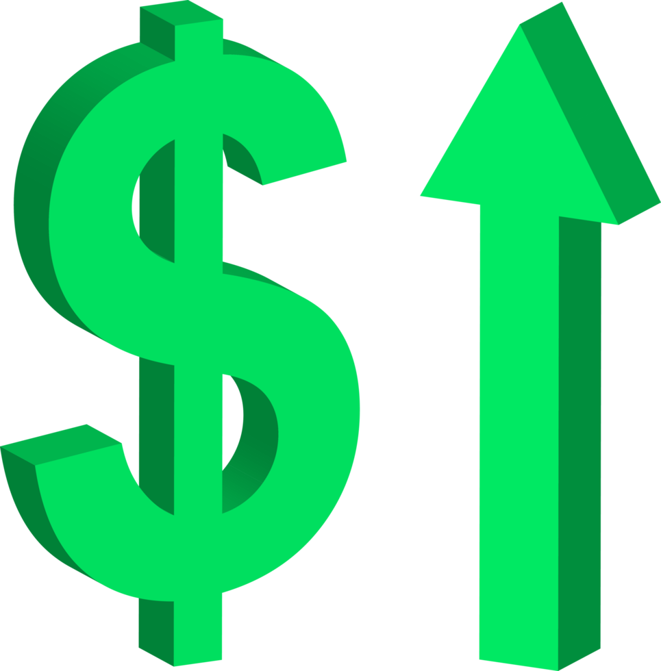 3d symbol of green color rising dollar currency png