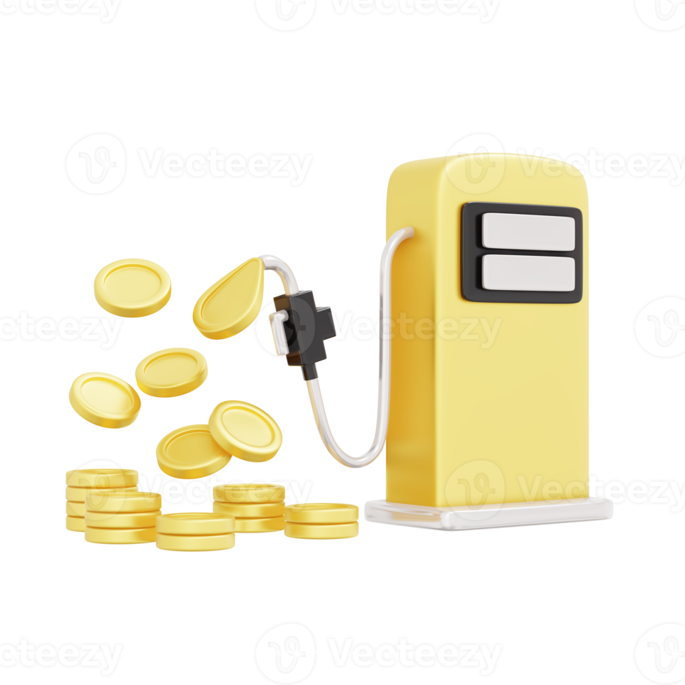 Representación 3d de la boquilla de la bomba de combustible de aceite de petróleo con el concepto de moneda de dinero del precio del petróleo. estilo de dibujos animados de ilustración de procesamiento 3d. png