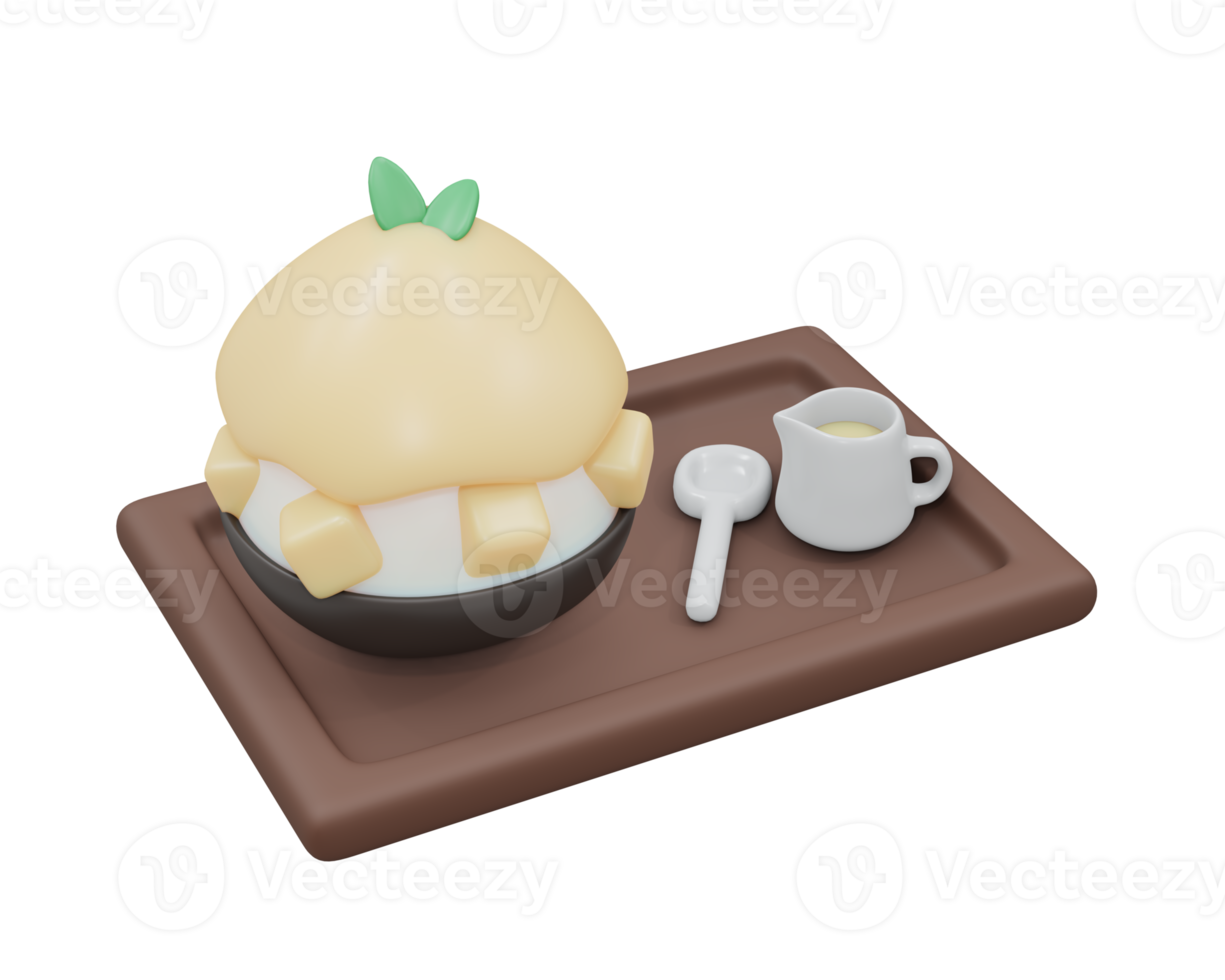 Representación 3d de mango bingsu hielo raspado en bandeja. Estilo de dibujos animados de procesamiento 3D. png