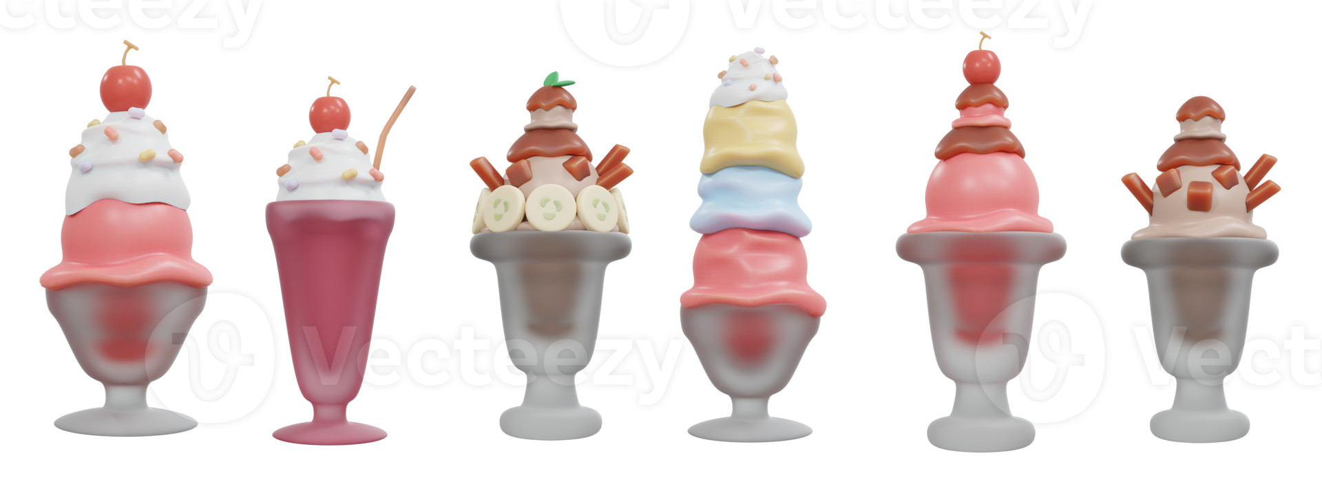 3D Rendering of set of glass cup of ice cream sundae many flavor png