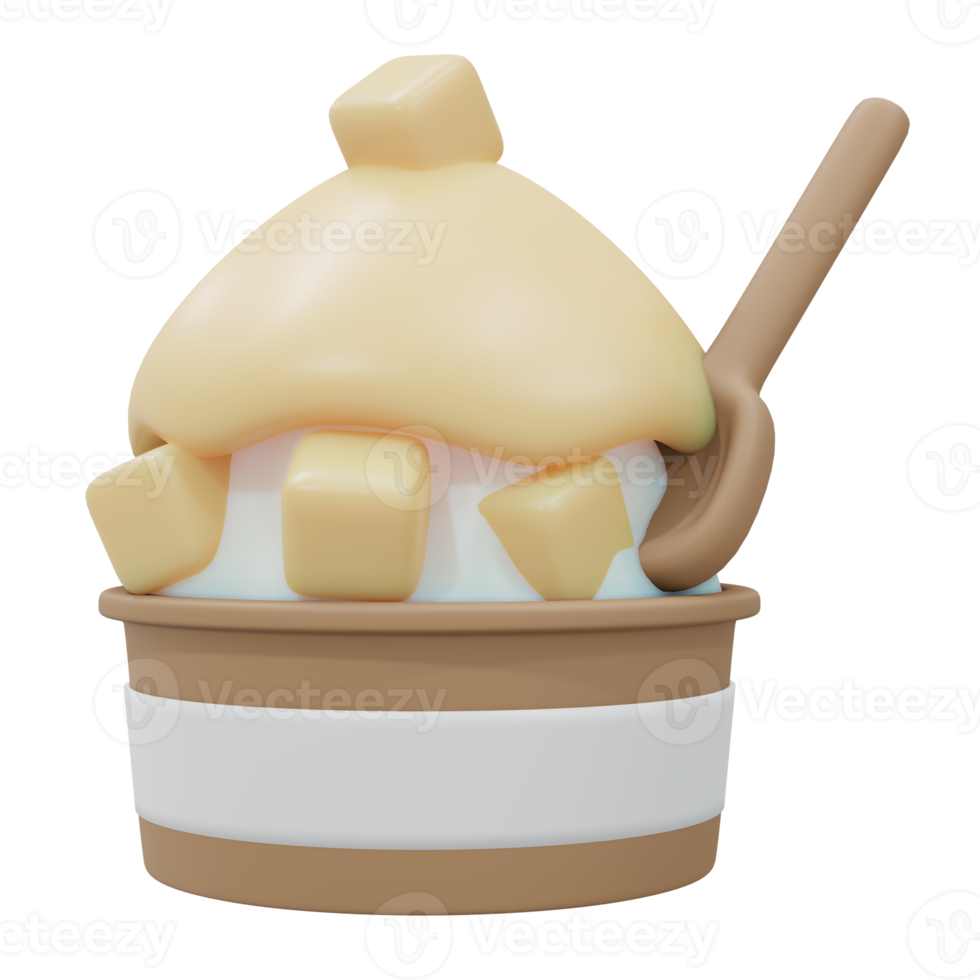 Representación 3d para llevar una taza de helado de mango con hielo suave. Estilo de dibujos animados de procesamiento 3D. png