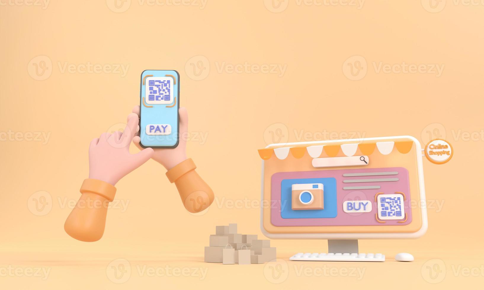 Computer pc with QR code screen buy and hand holding Mobile phone, barcode scanner for pay. photo