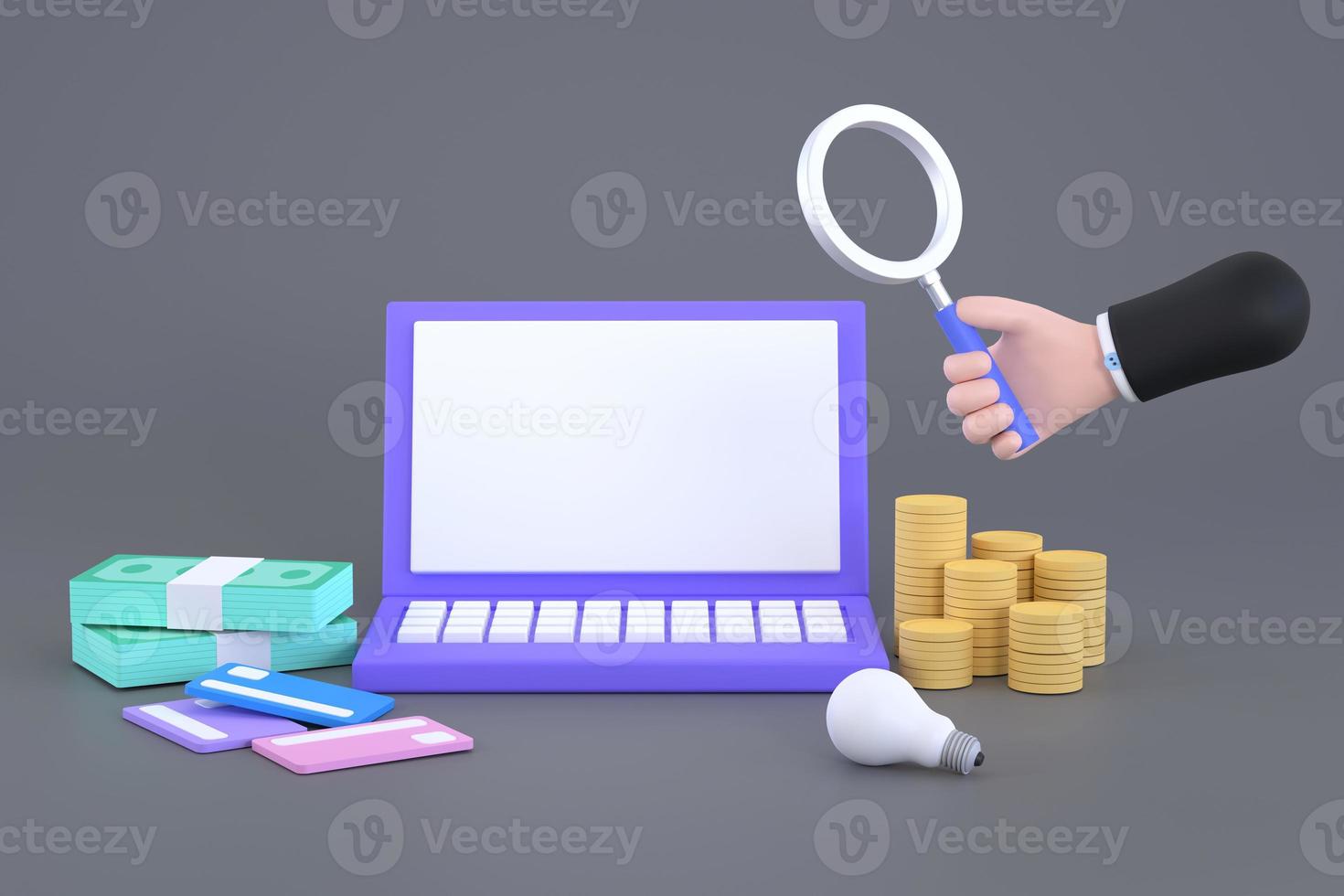 hand holding magnifying glass and Computers, coins and credit card. finance concept. photo