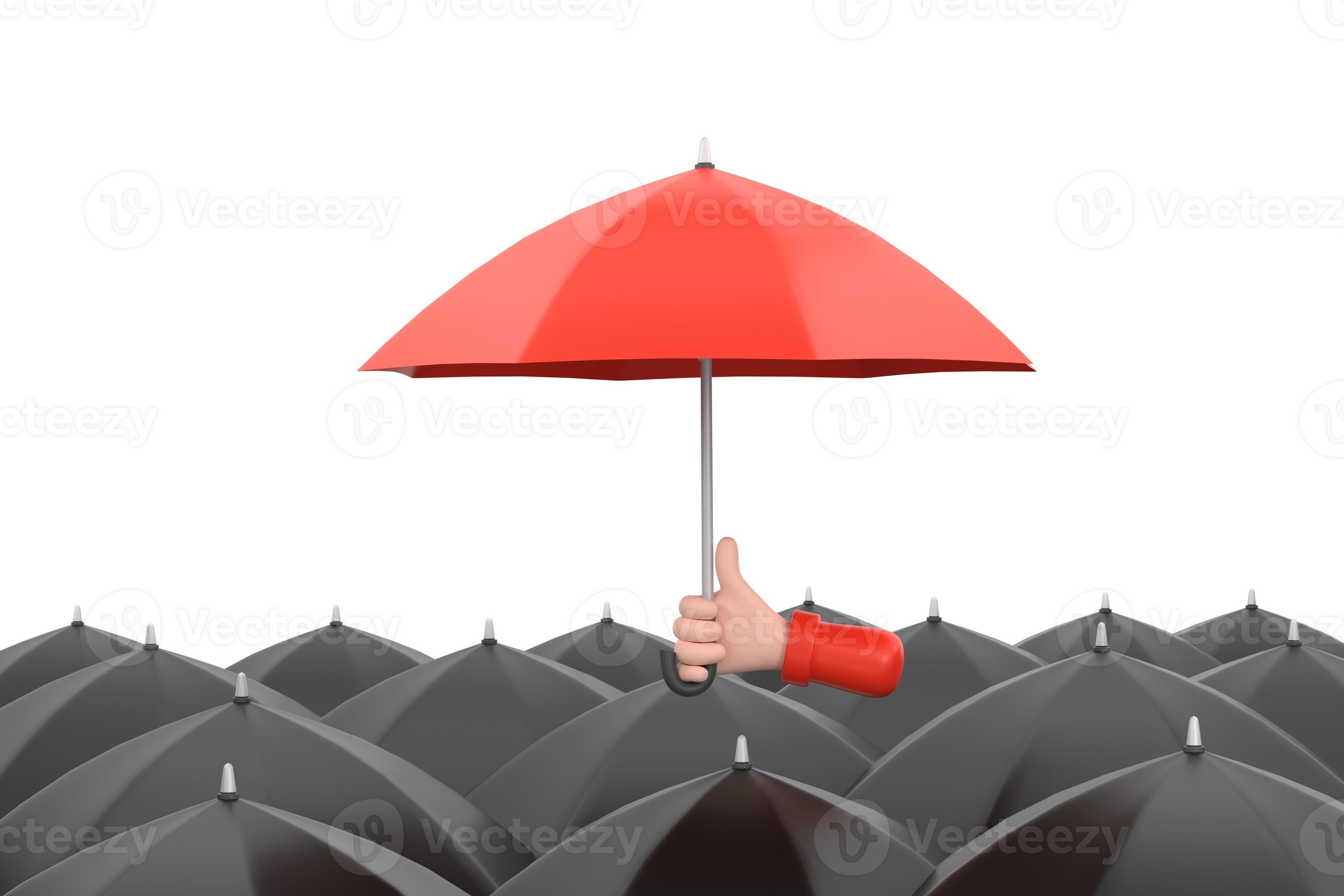 Uniqueness and individuality. Hand holding a red umbrella among people
