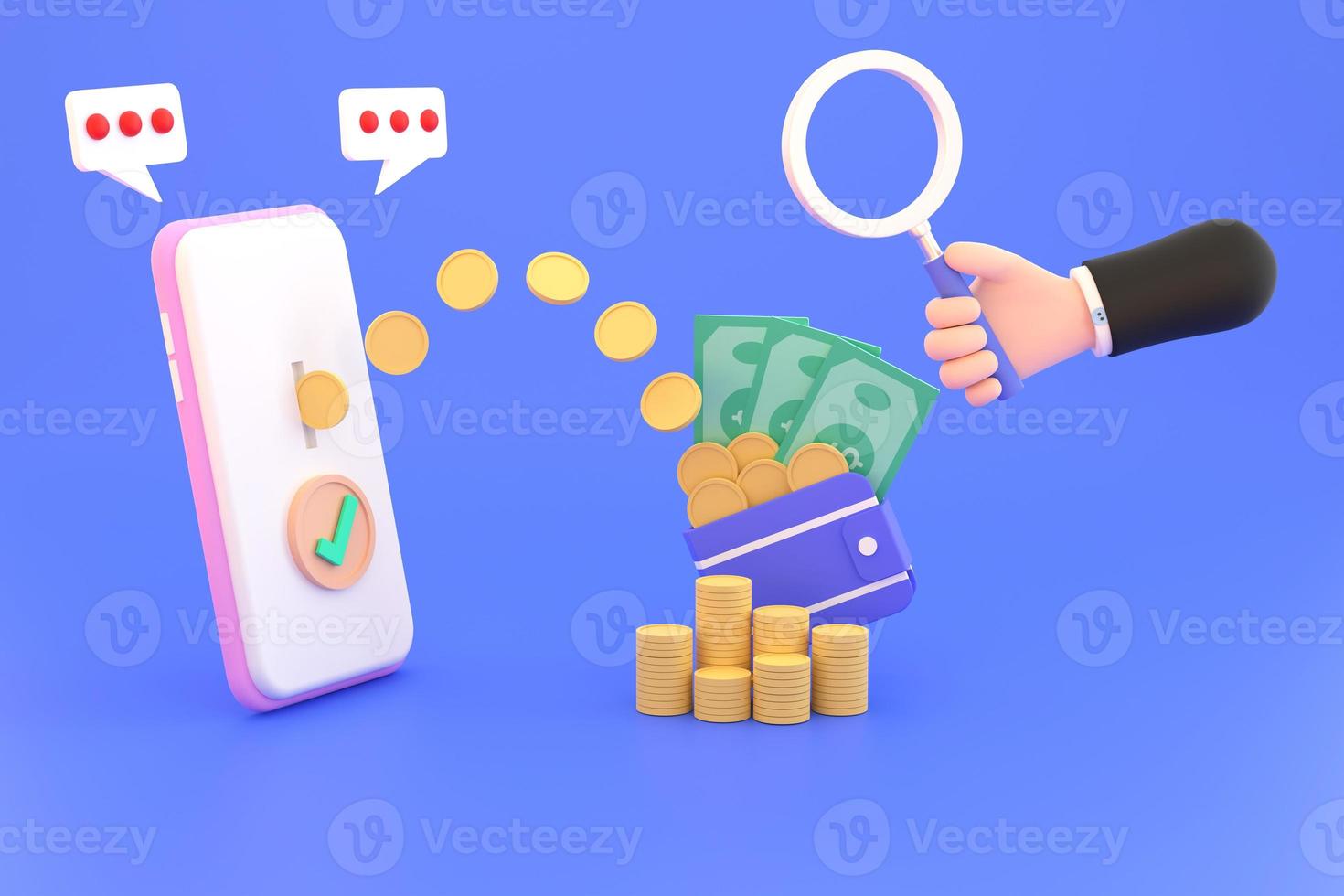 Hand holding magnifying glass,Transfer Spending and Saving Money Online mobile Phone. photo