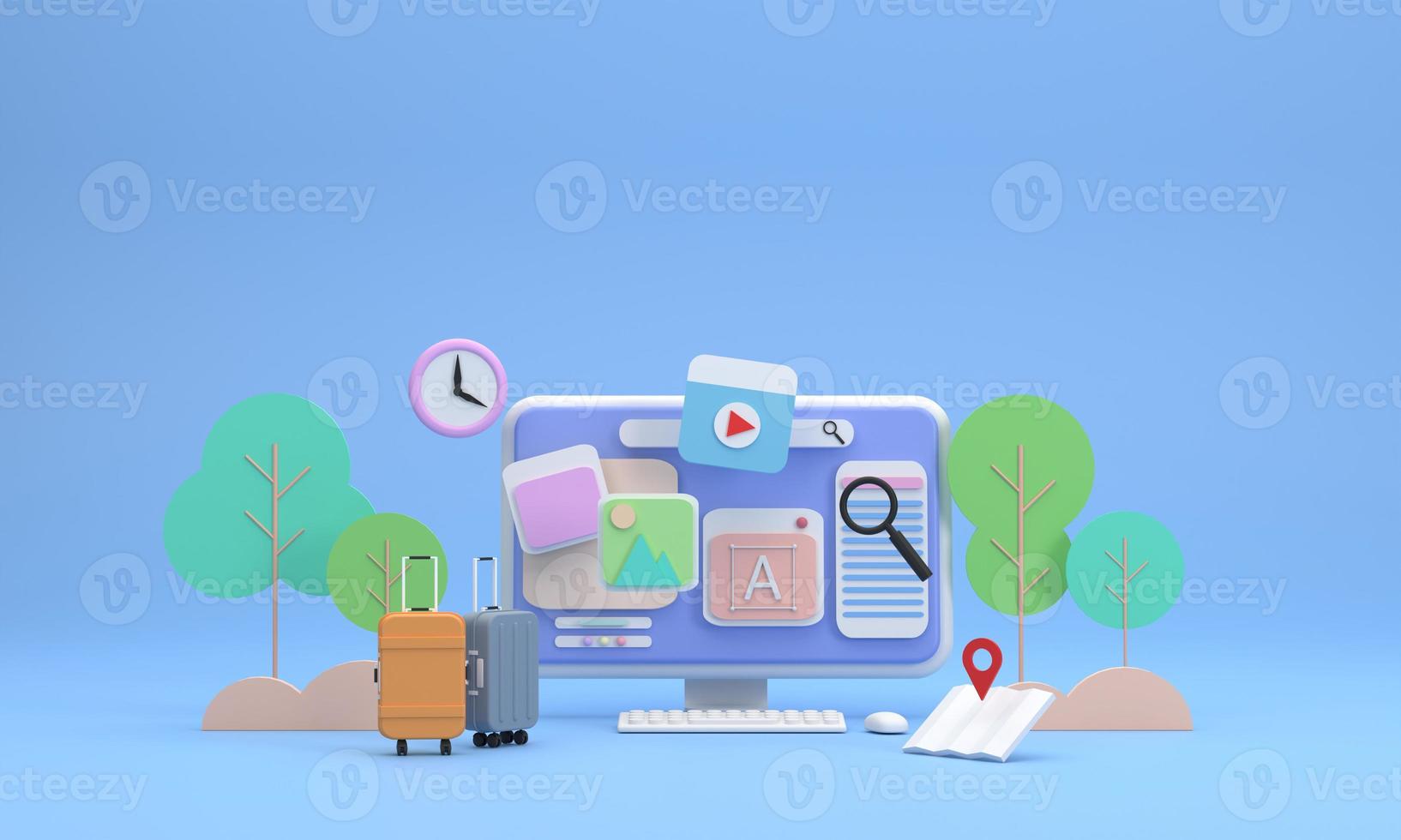 Computer screen showing icons about travel pictures and trees in the background. Travel bags and maps are included. Feels like searching for a place to visit then go out photo