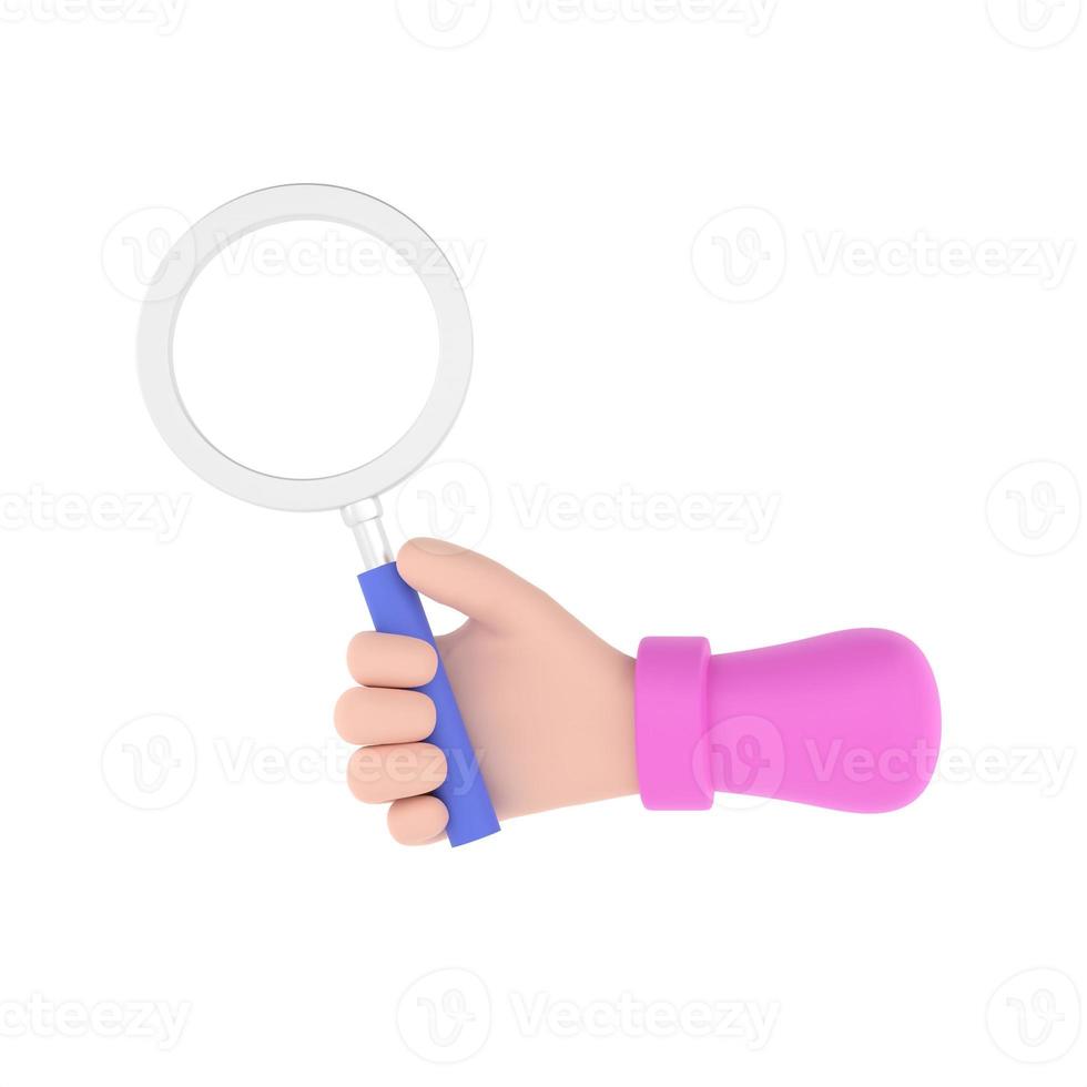 Cartoon hand holding magnifying glass isolated photo