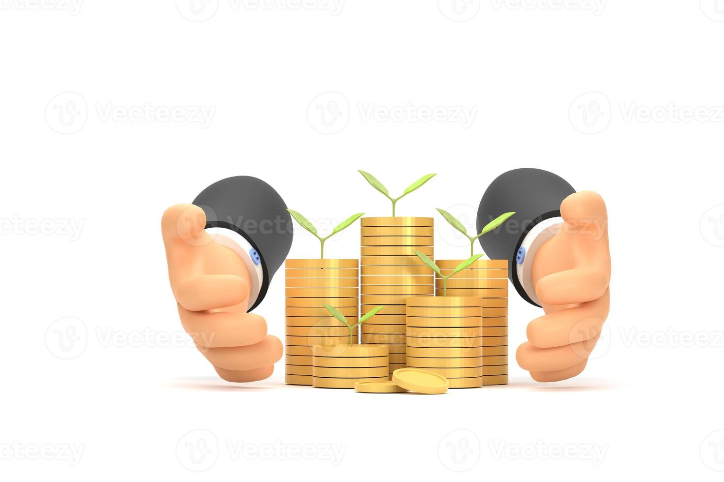 3D. tree growing from pile of coins. Concept of money plant growing from coins in hand photo