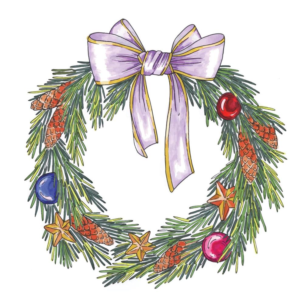 corona navideña con cintas, bolas y pinos aislados en blanco vector
