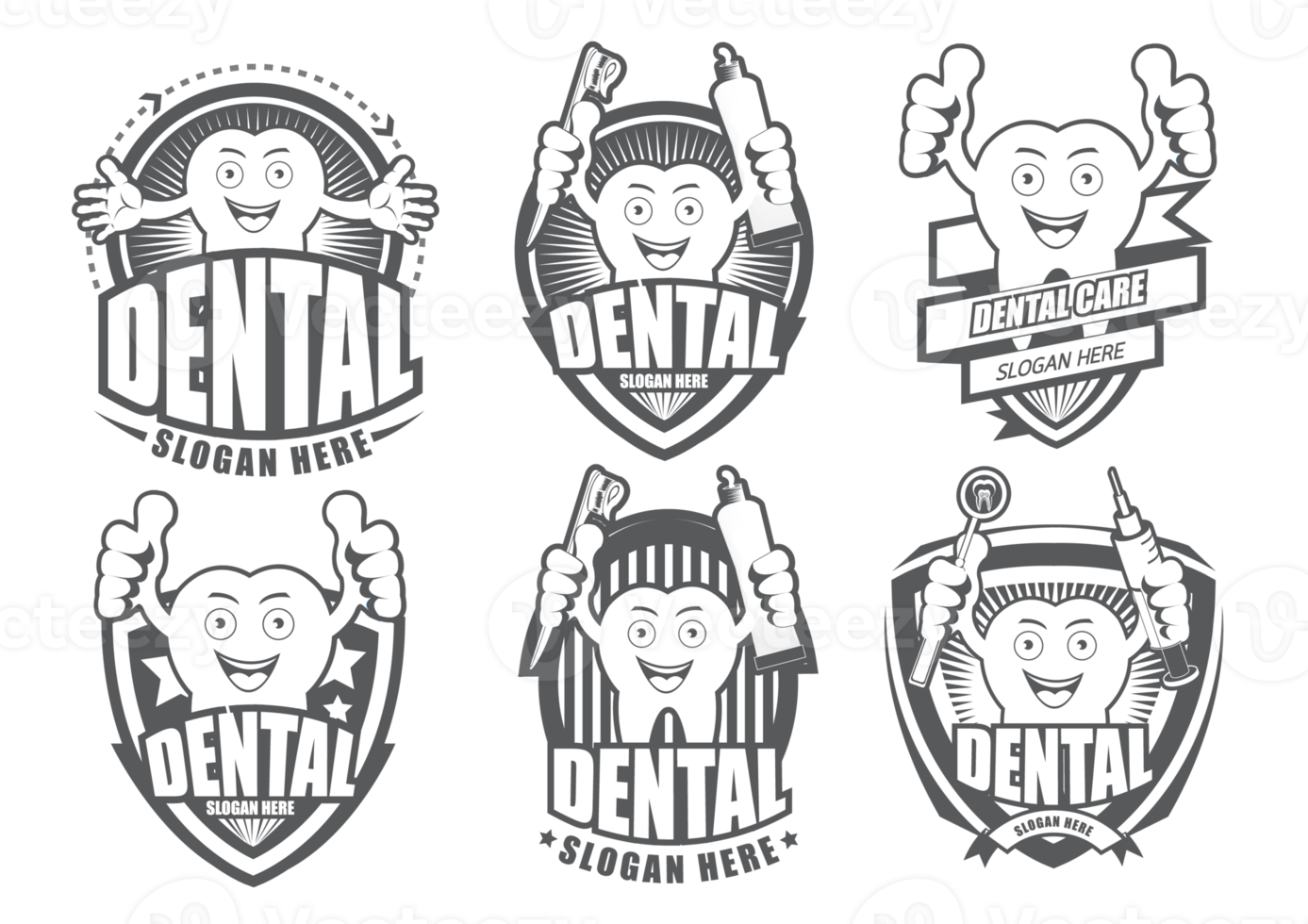 Black and white Cartoon Smiling tooth symbol set.It's Happy smile concept. png