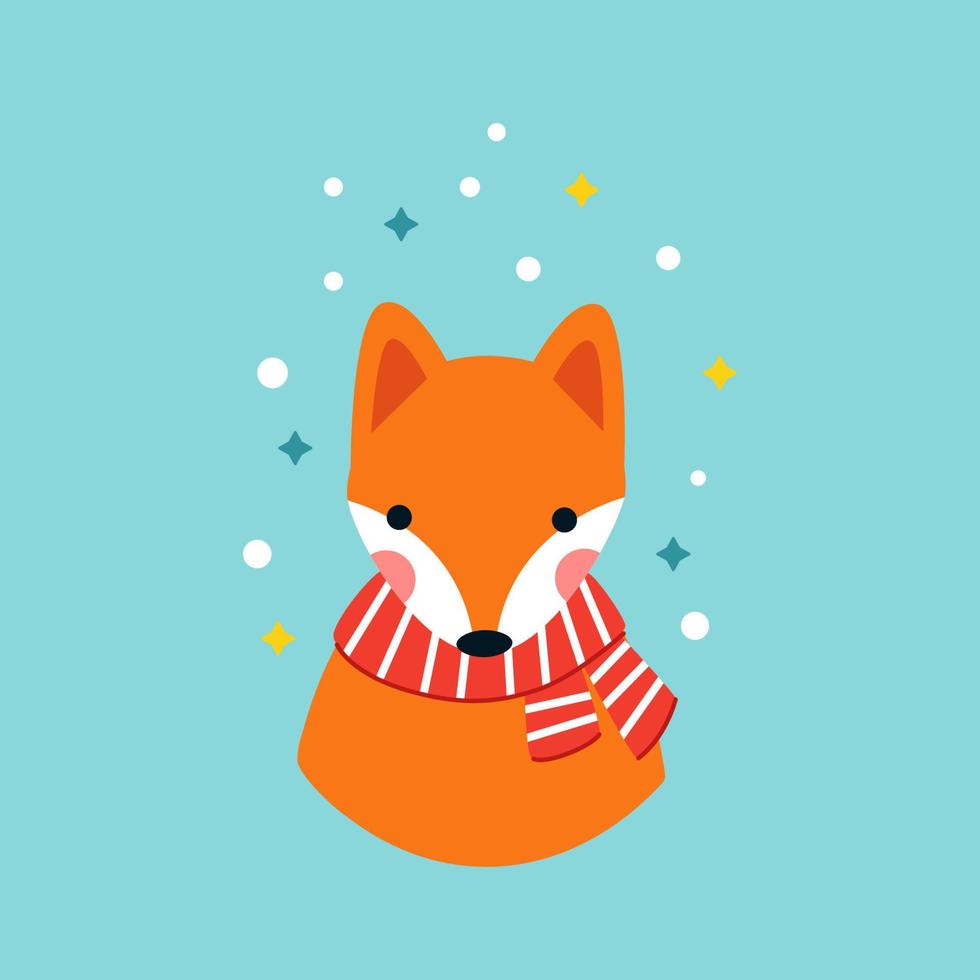 Cute little fox in a warm scarf on a blue background. Flat vector illustration
