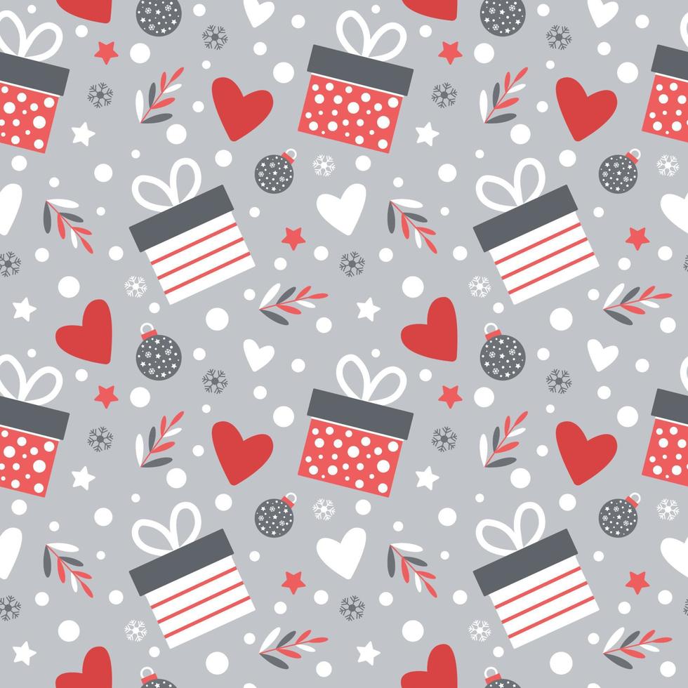 Cute winter seamless pattern with gifts, Christmas balls and hearts vector