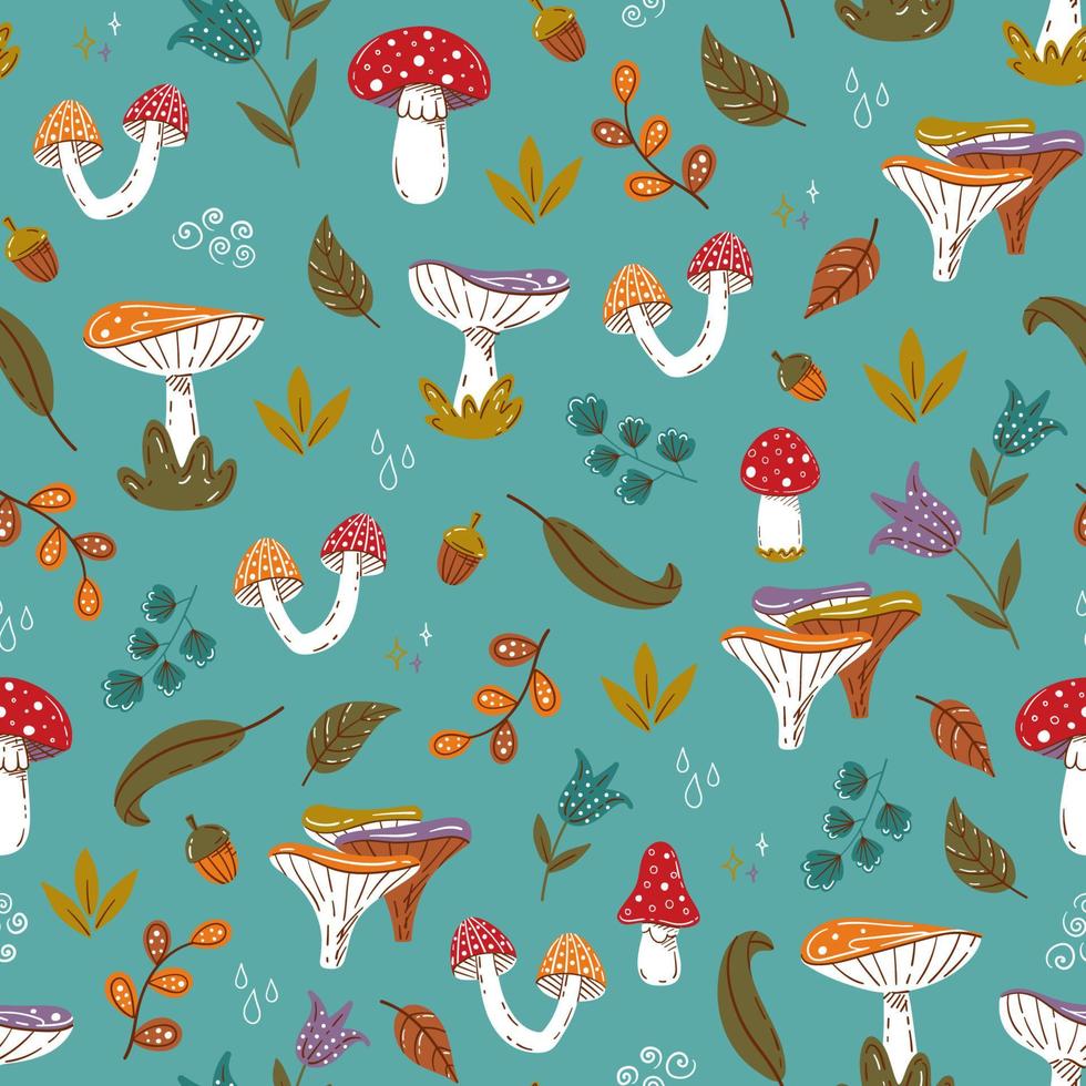 Cute forest pattern with mushrooms, flowers and leaves vector