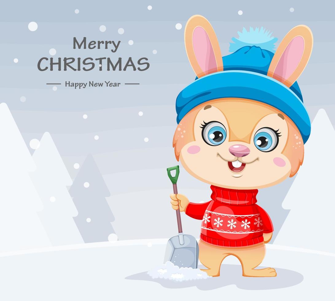 Merry Xmas and Happy New year. Cute cartoon rabbit vector