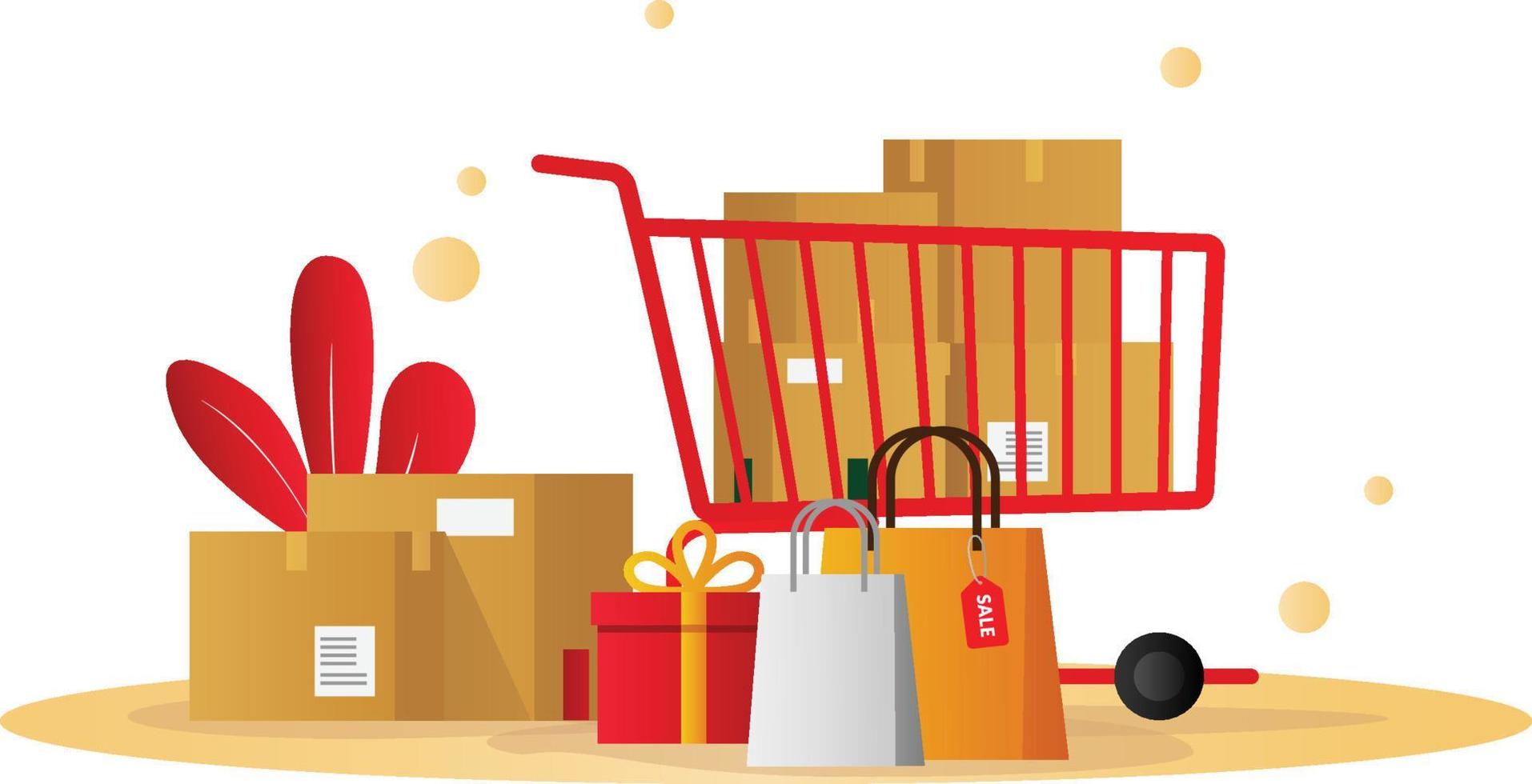 Supermarket Shopping Cart Design Full of Goods and Shopping Bags vector