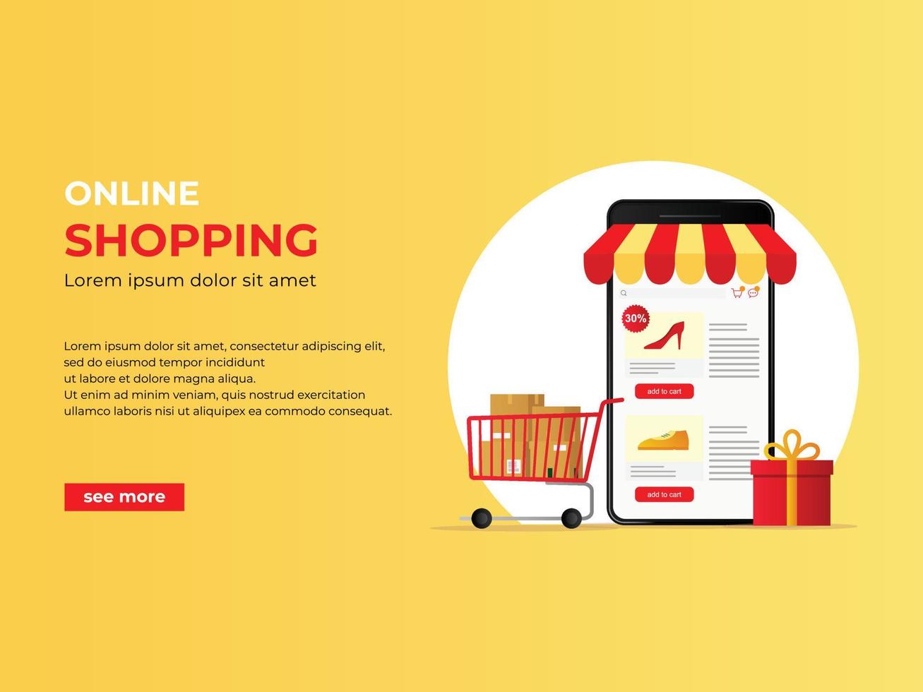 marketing digital, tienda, banner de concepto de compras de comercio electrónico, ilustración de compras en línea de teléfonos móviles vector