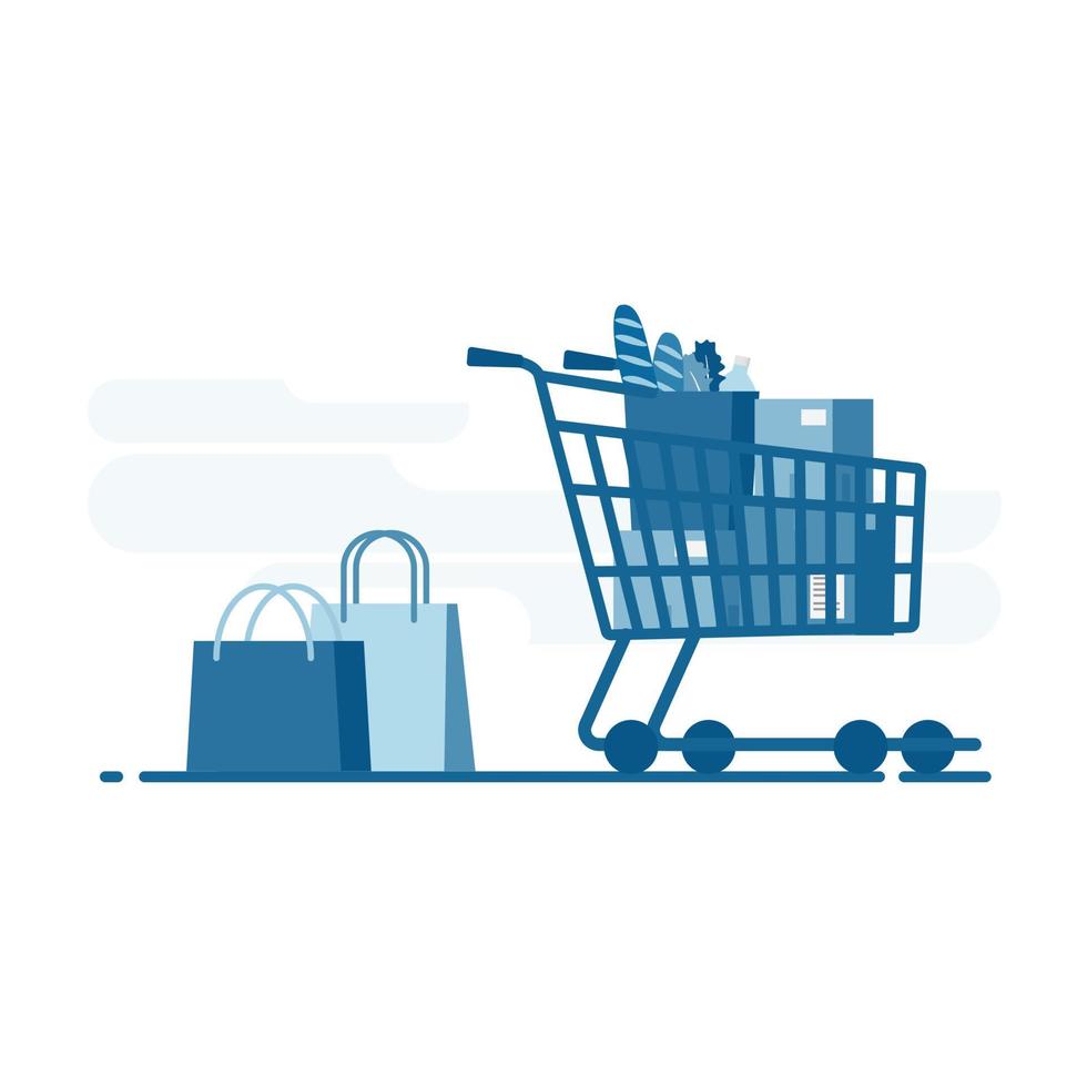 Supermarket Shopping Cart Design Full of Goods and Shopping Bags vector